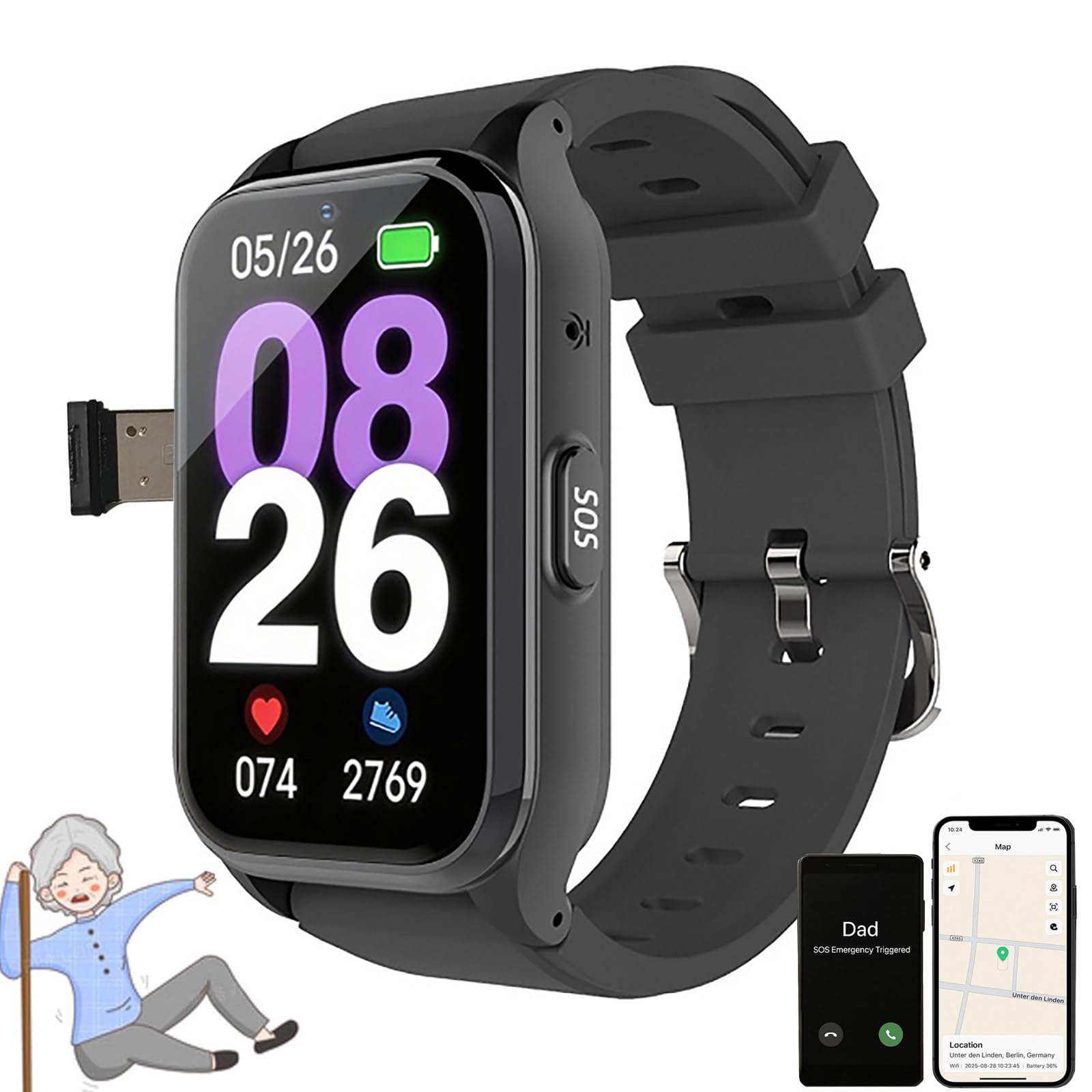 ZHZWwansuGE Smartwatch, Fall Detection, SOS Calling, GPS Tracking Anti-Loss Wristband, 1.6″ HD Video Calling, Multi-Language Support, Designed Specifically For The Elderly Black