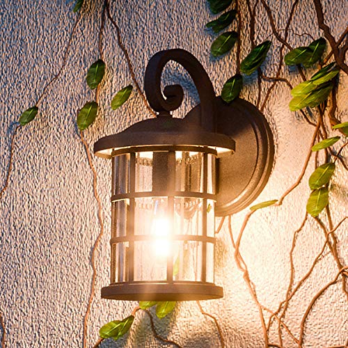 Image of Urban Ambiance Luxury Craftsman Outdoor Wall Light, Medium Size: 14.25 inch H x 8 inch W, with Tudor Style Elements, Wrought Iron Design, Natural Black Finish and Seeded Glass, UQL1042