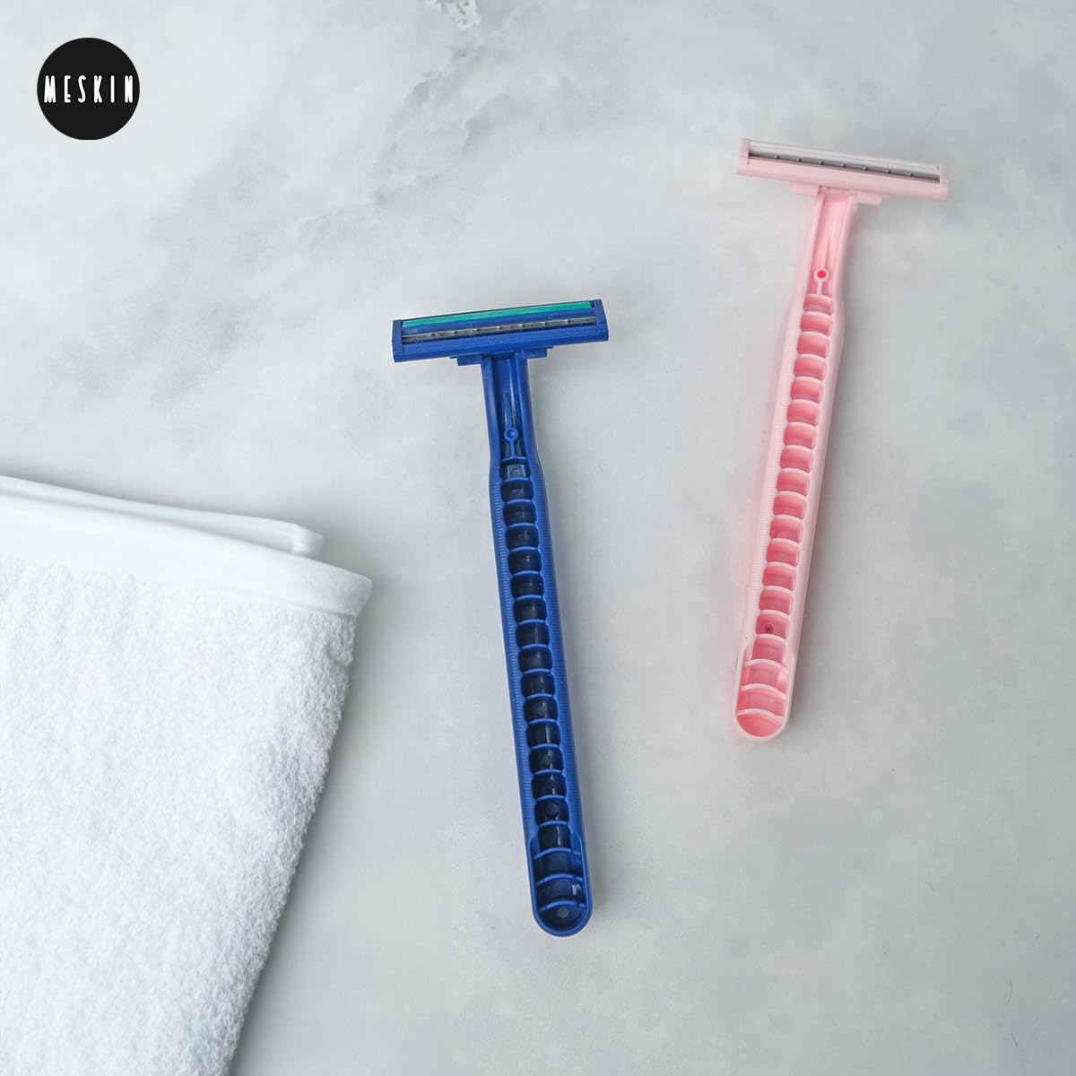 MESKIN 5Pcs Twin Blade Full Body Razor Sweden Stainless Steel Twin Blade Micro Shave Technology Anti-Slip Rubberised Grip for Better Shave Pink Rubber Grip Razor (Pack of 5) (Blue) 4