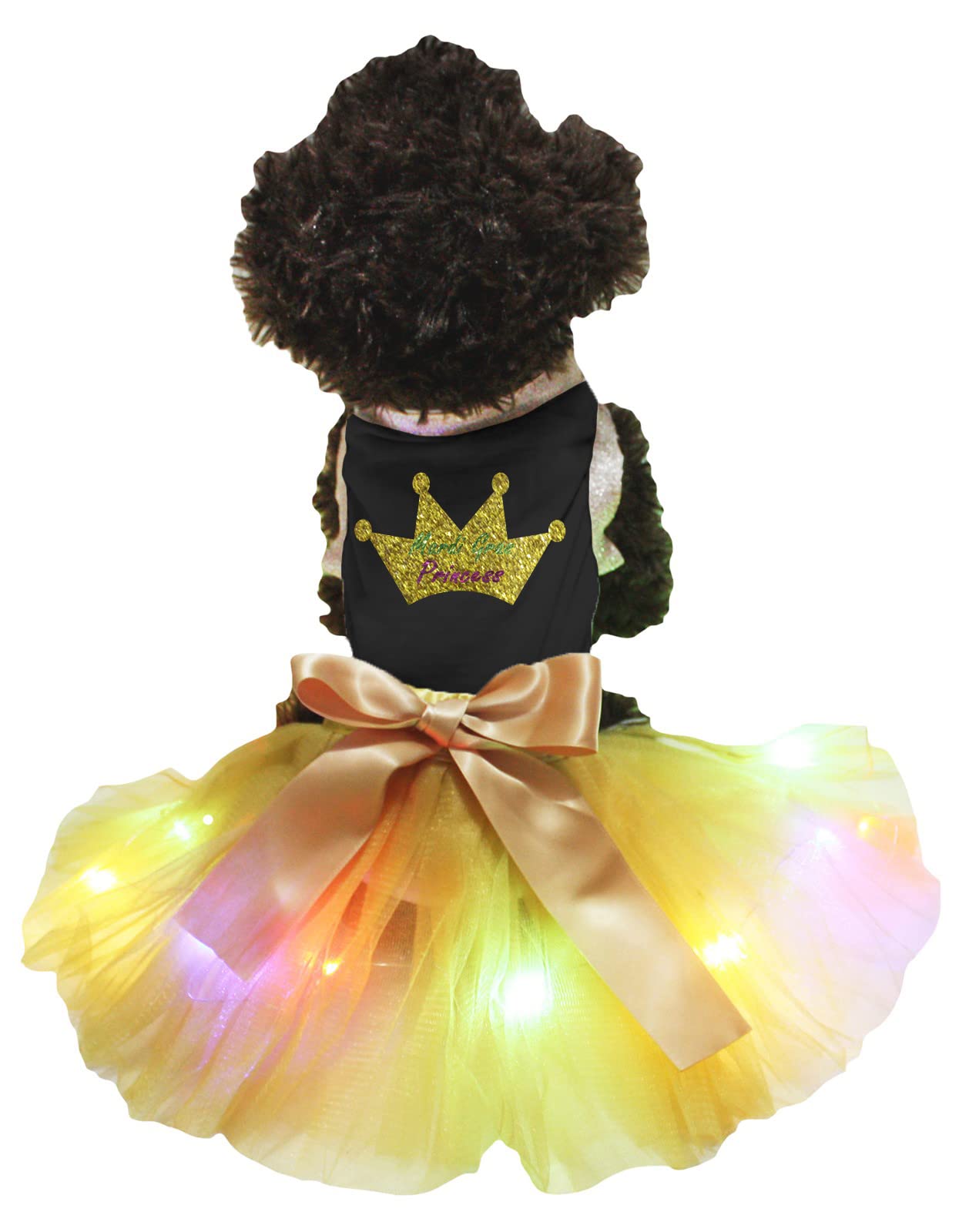 Robe de princesse pour chiot Mardi Gras XL avec couronne LED noir et doré
