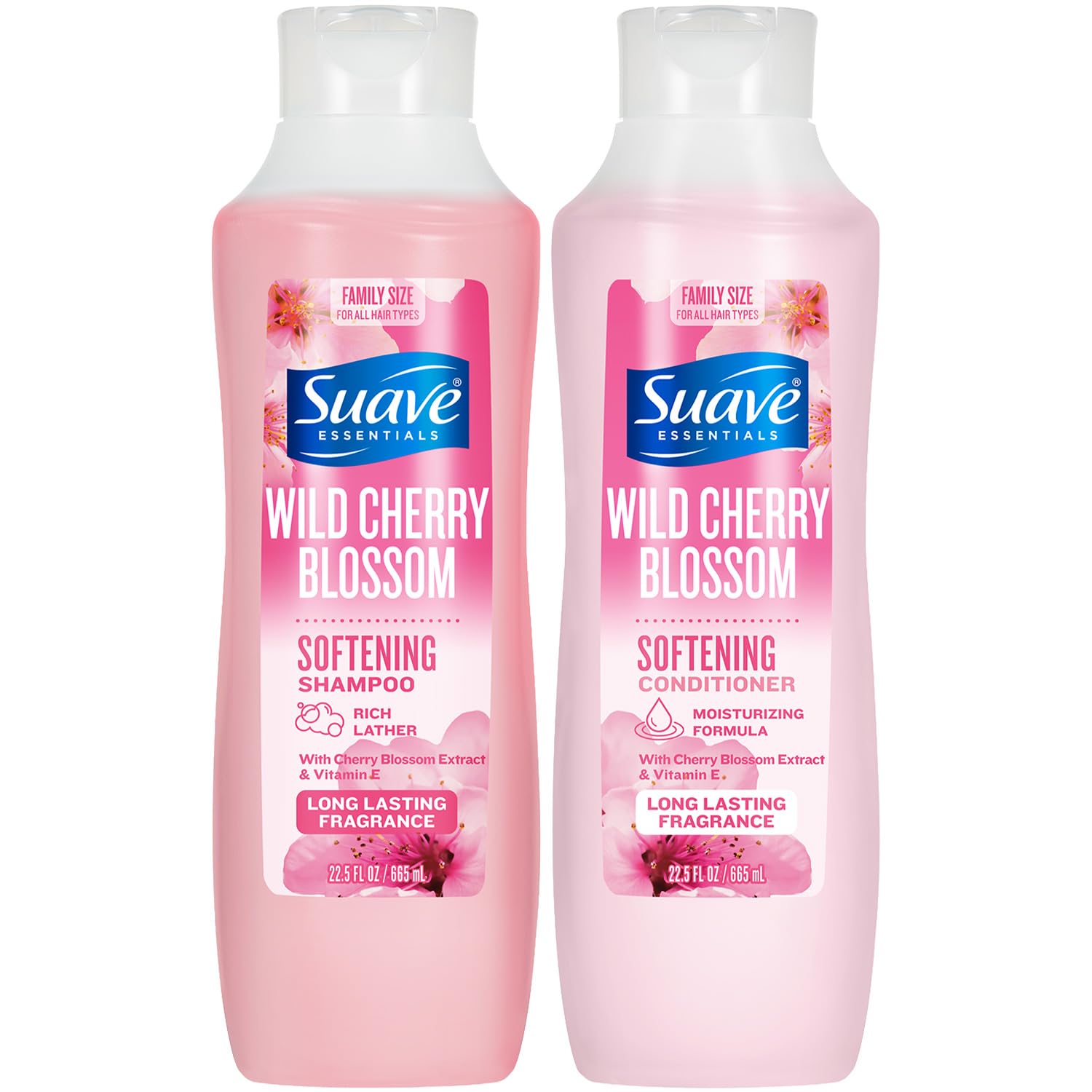 Suave Shampoo & Conditioner Set, Wild Cherry Blossom – Everyday Softening Formulas with Cherry Blossom Extract & Vitamin E, 22.5 Oz Ea (2 Piece Set)