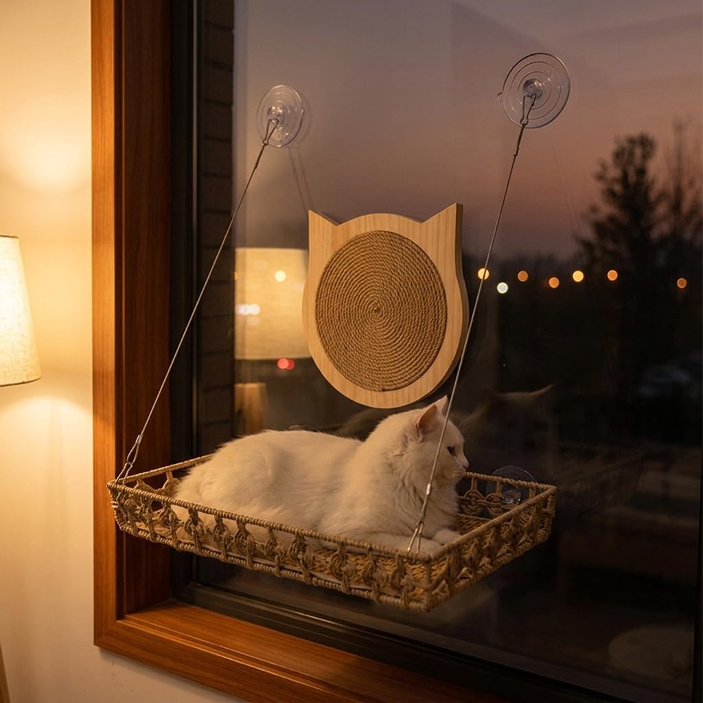Hamac Fenêtre Chat en Fibres Végétales, Raccords métalliques, Hamac Suspendu Chat, Bain Soleil, pour félins, Beige, Style to 3
