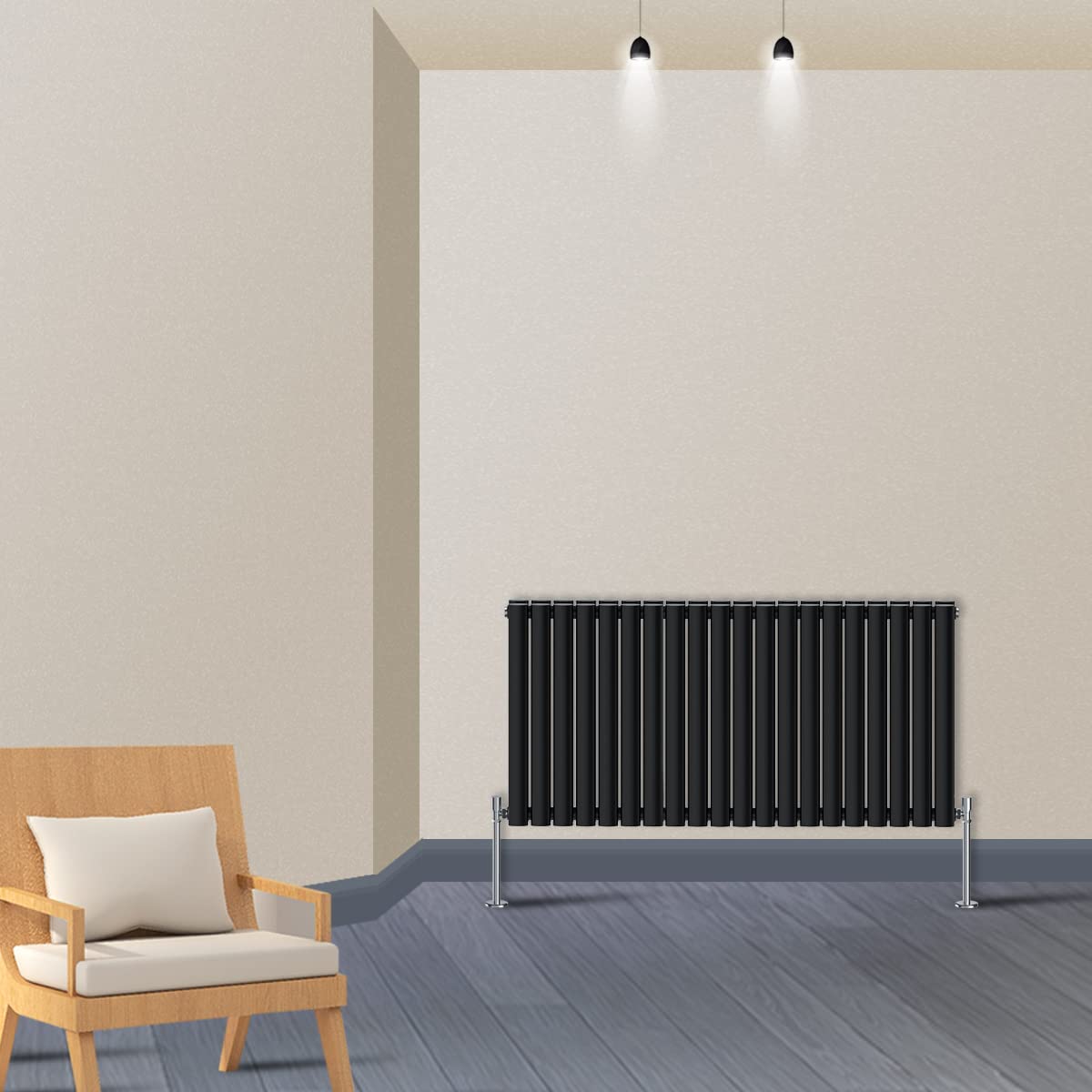 Warmehaus Horizontal Column Designer Radiator Oval Panel Double Black 600x1180mm - Modern Central Heating Space Saving Radiators - Perfect for Bathrooms, Kitchen, Hallway, Living Room