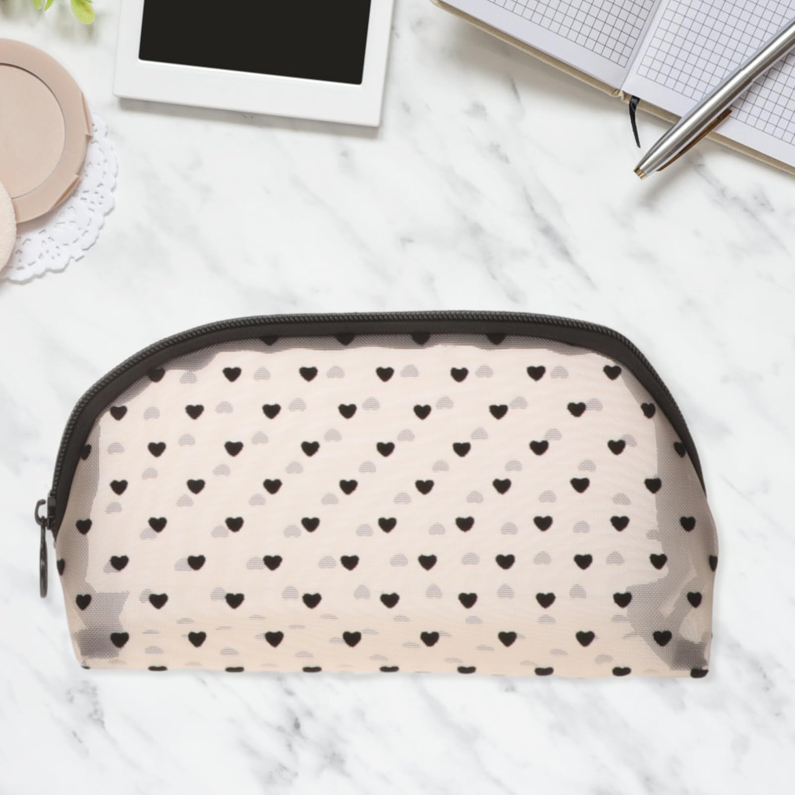 6 Stck Teiliges Set Herz Make Up Taschen aus Mesh für Tragbare Kosmetiktaschen mit Reißverschluss für Reisen und Aufbewahrung von Make Up und Lippenstiften