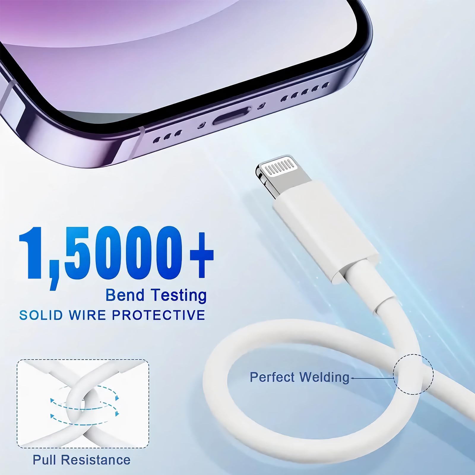 Cargador de pared USB C, [certificado Apple MFi] Cargador de iPhone de 10 pies de doble puerto de 20 W PD+QC3.0 adaptador de corriente de carga rápida con cable USB C a Lightning de 10 pies para