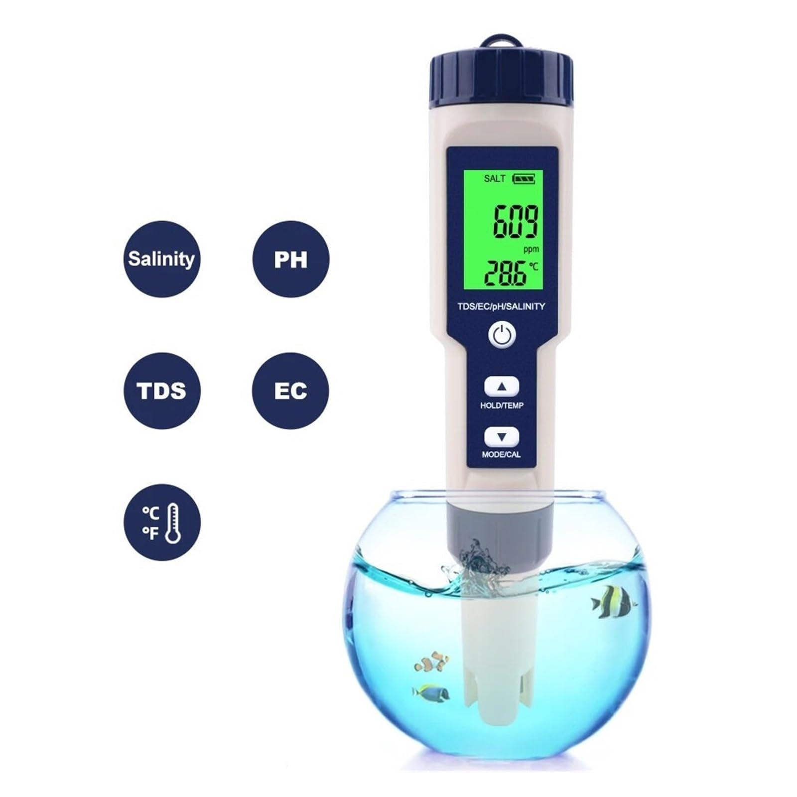 TDS EC PH Misuratore Di Salinità ORP H2 SG TEMP Soluzione For Il Monitoraggio Dela Qualità Del'acqua Tester Resistività Dei Fertilizzanti For Piscine, Acquari Rilevamento Rapido E Preciso(EZ-9909)