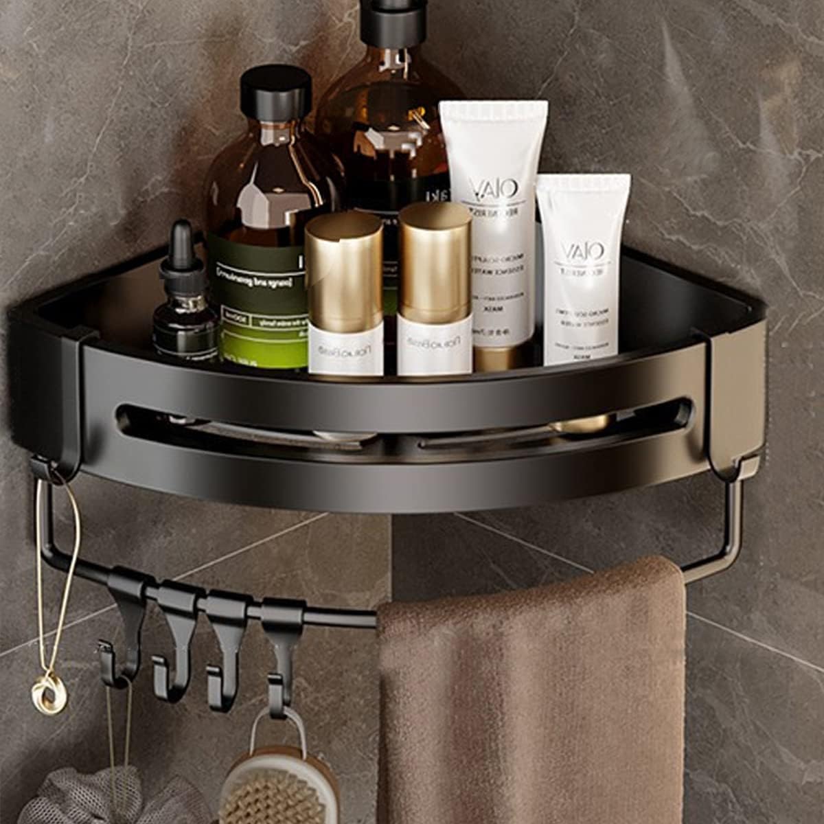 ECVV Triangle Space Aluminum Bathroom Shelf, THICKENED Shower Caddy Shelves, Wall Mount Organizer Storage Rack, Corner Shelf with Movable Hooks Towel Bar Bathroom Accessories (34L*22.4W*10H cm)