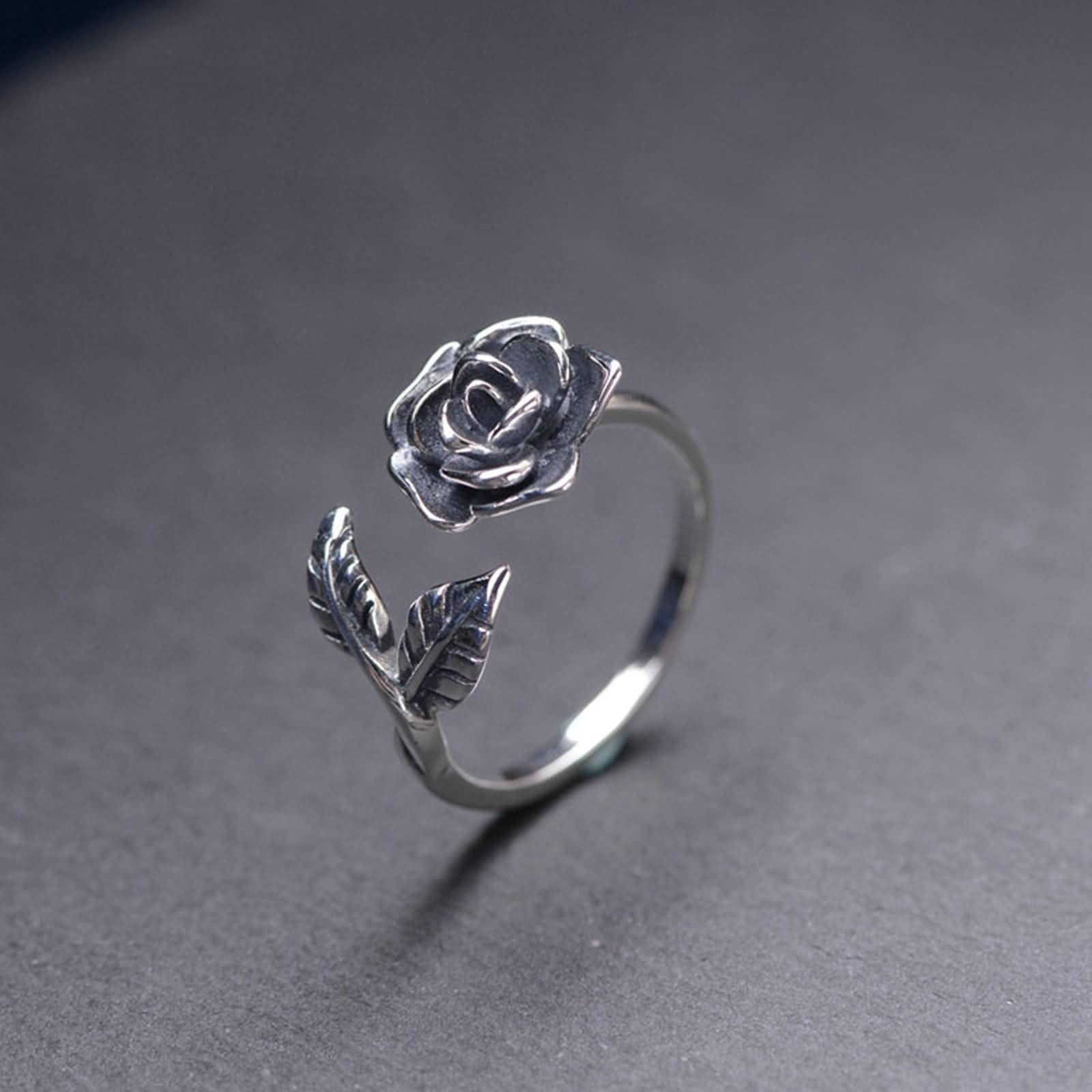 Anillo ajustable clásico de plata de ley 925 con rosas para mujer, tamaño ajustable
