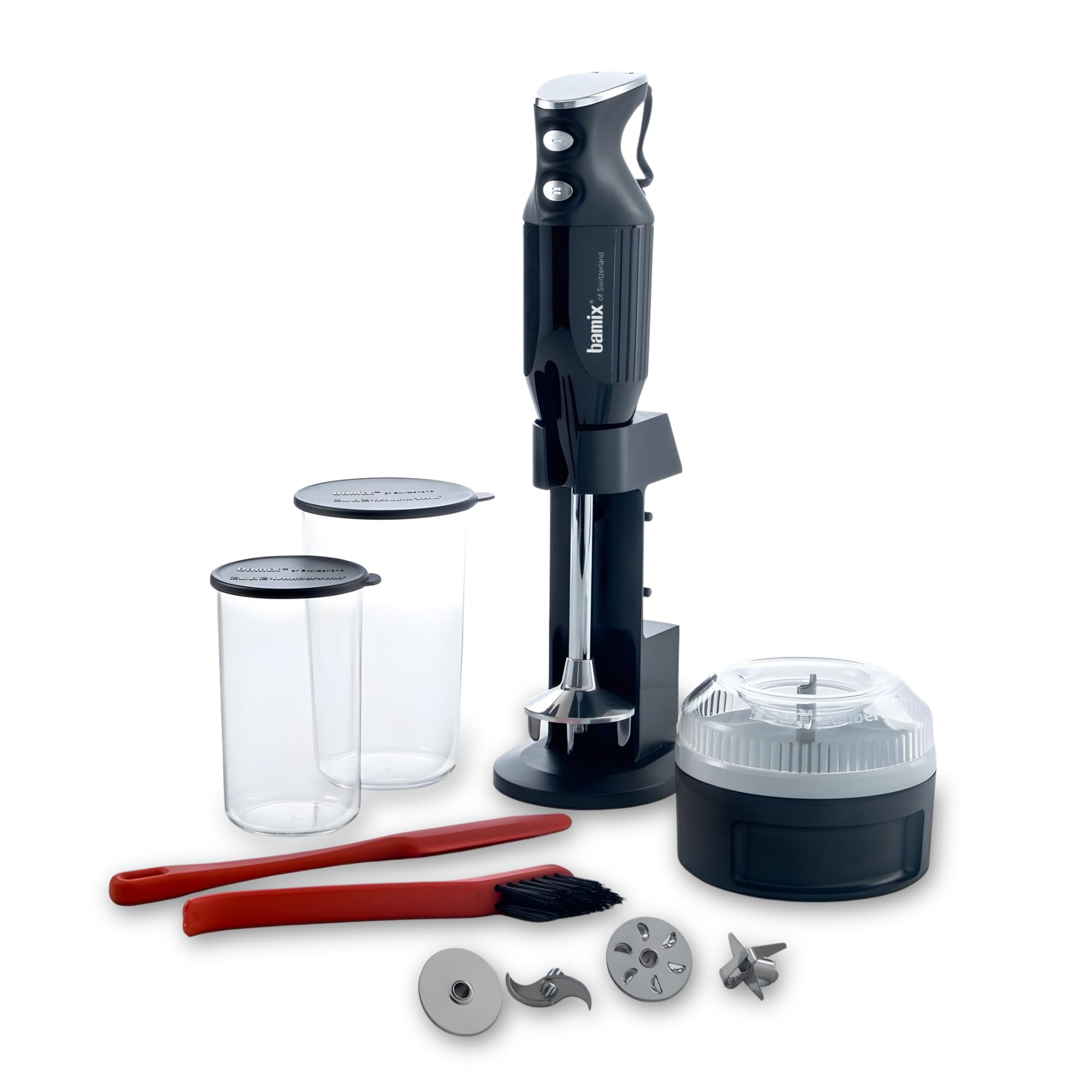 bamix M350 MAXX Blender ręczny z uchwytem, 2 szklanki, 4 narzędzia, procesor, szpatułka, szczotka do czyszczenia, 300 W, wyprodukowano w Szwajcarii, czarny i chromowany