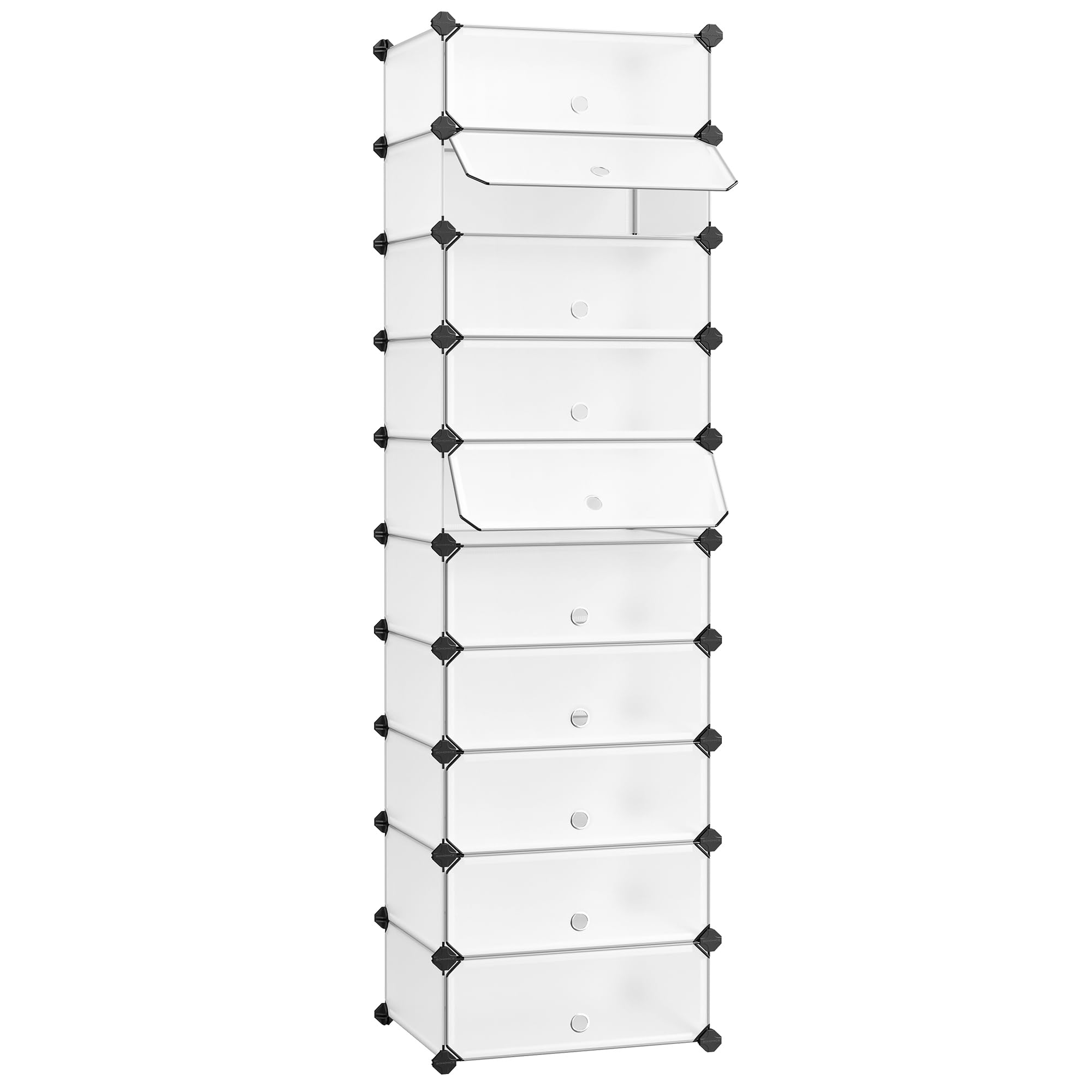 SONGMICS Zapatero Modular con 10 Compartimentos Cajas, Estantería DIY de Plástico, con Puerta, con Martillo, Blanco LPC10W