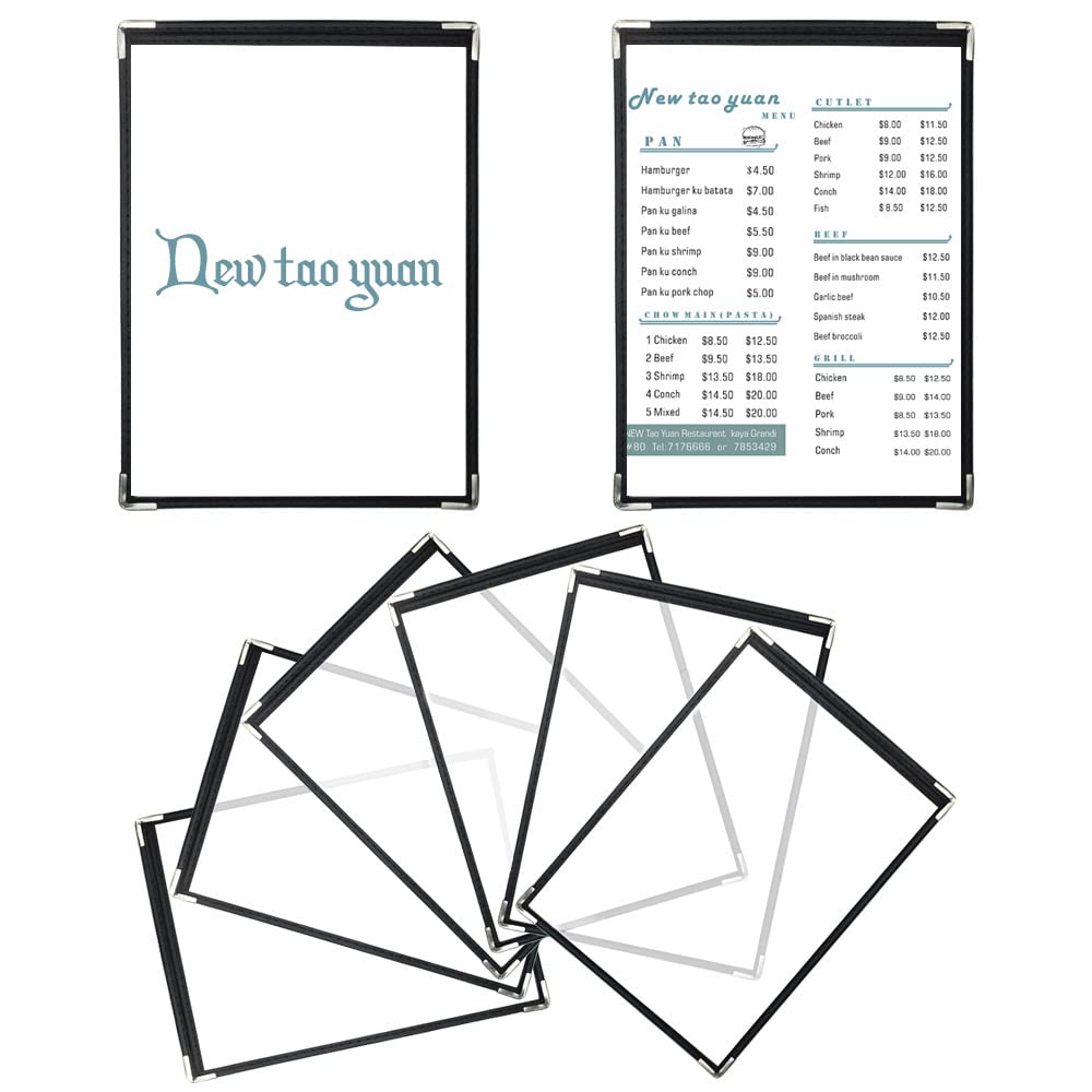YAANBUNB6 Pack A4 Menu Covers, Single Page Double View Menu Cover American Style A4 Menu Holder Black Trim Clear View Wine Menu Cover with Metal Corner Protectors for Restaurant Bars Cafes