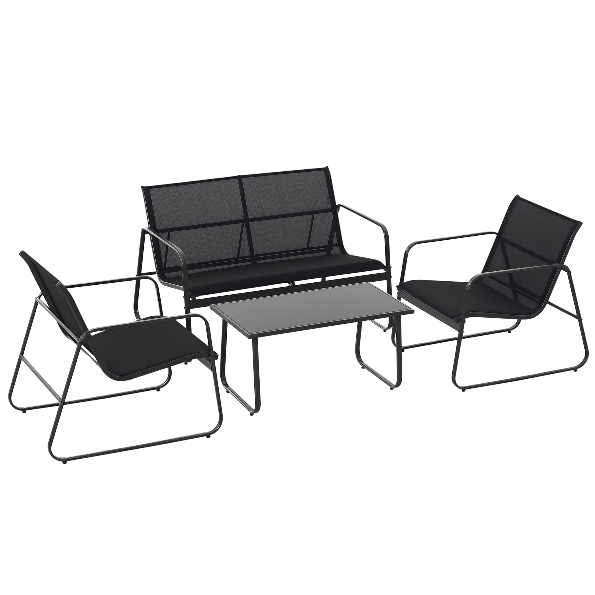 Outsunny Set Salotto da Giardino 4 Pezzi, Divanetto 2 Posti, Sedie, Tavolino Vetro Temperato, Metallo e Texteline, Nero