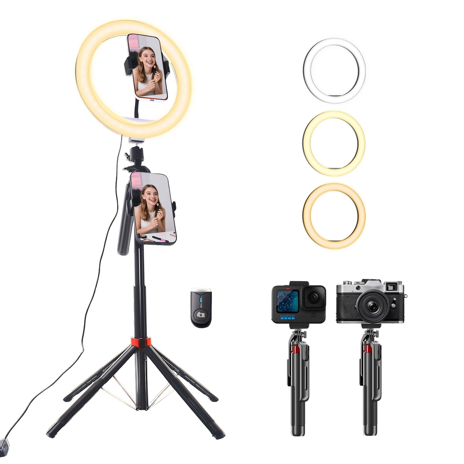 Handy-Stativ mit Ringlicht, 1,8m Aluminium Stativ mit 4-Fuß-Ständer, Bluetooth Fernbedienung, 360° drehbarer Halter, Tragbares Reisestativ für Selfie/Live-Stream/Video (Kompatibel mit Smartphones)