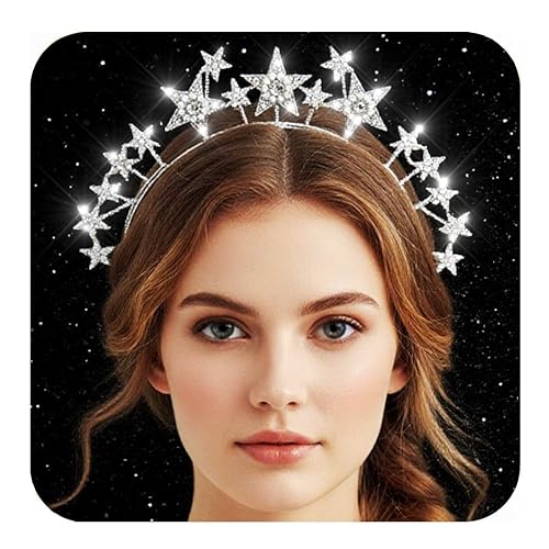 CAKURE Diadema de corona con halo de estrellas, tiaras y coronas de estrellas de diamantes de imitación, diadema de María y diosa, accesorio para el