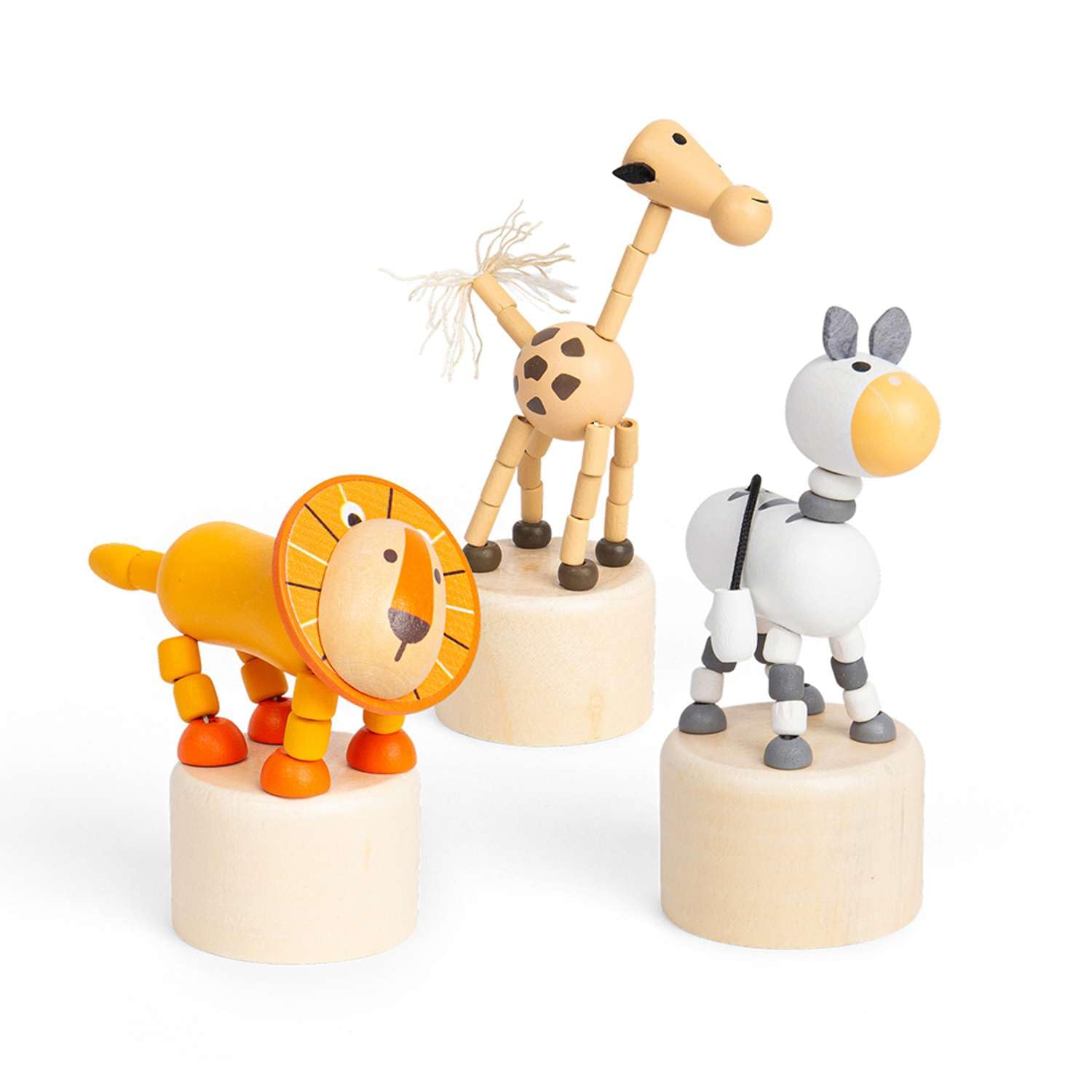 Bigjigs Toys Animal Push Ups (Lion, Zebra, Giraffe) - 3pcs Wooden Animals, Retro Pocket Money Gifts For Girls & Boys, Kids Party Bag Fillers, Age 3 Years Old +