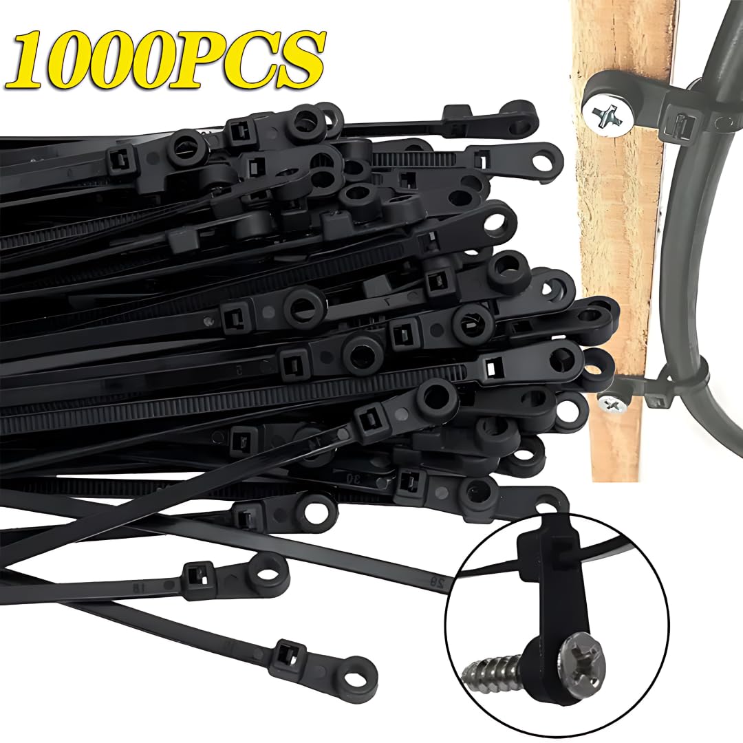 Bridas de nailon fijas reutilizables con agujero de tornillo, correas de cordón de cierre automático, organizador de oficina (negro, 500 unidades)