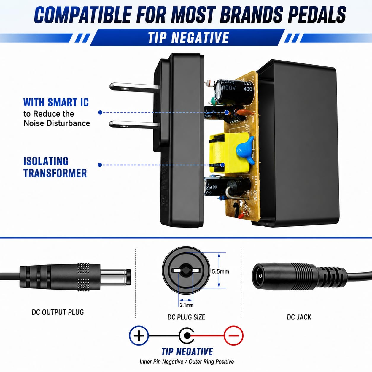 guitar pedal dc jack size AITONE 9V Power Supply, 800mA Center-Negative Adapter with 4-Way Daisy Chain, 5.5 x 2.1mm Plug, 100-240V Input for Effects Pedals : Everything Else Guitars Electric Color:Diamond Black-Splash Olive Green (Matt) Sunlite Non-Slip Platform Pedals