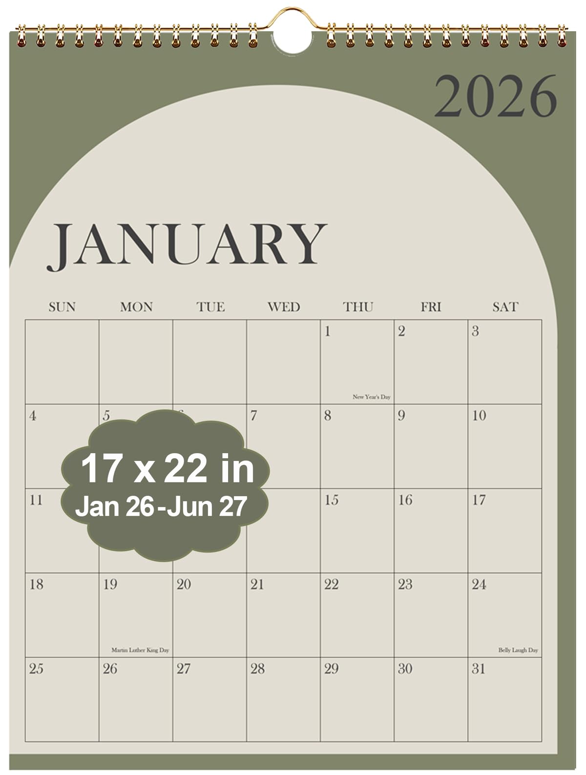Photo 1 of Large Calendar 2026 with Spiral Bound - 18 Month Big Calendar from January 2026 to June 2027, Vertical Large Monthly Calendario 2026 for Wall, 22" x 17", Green