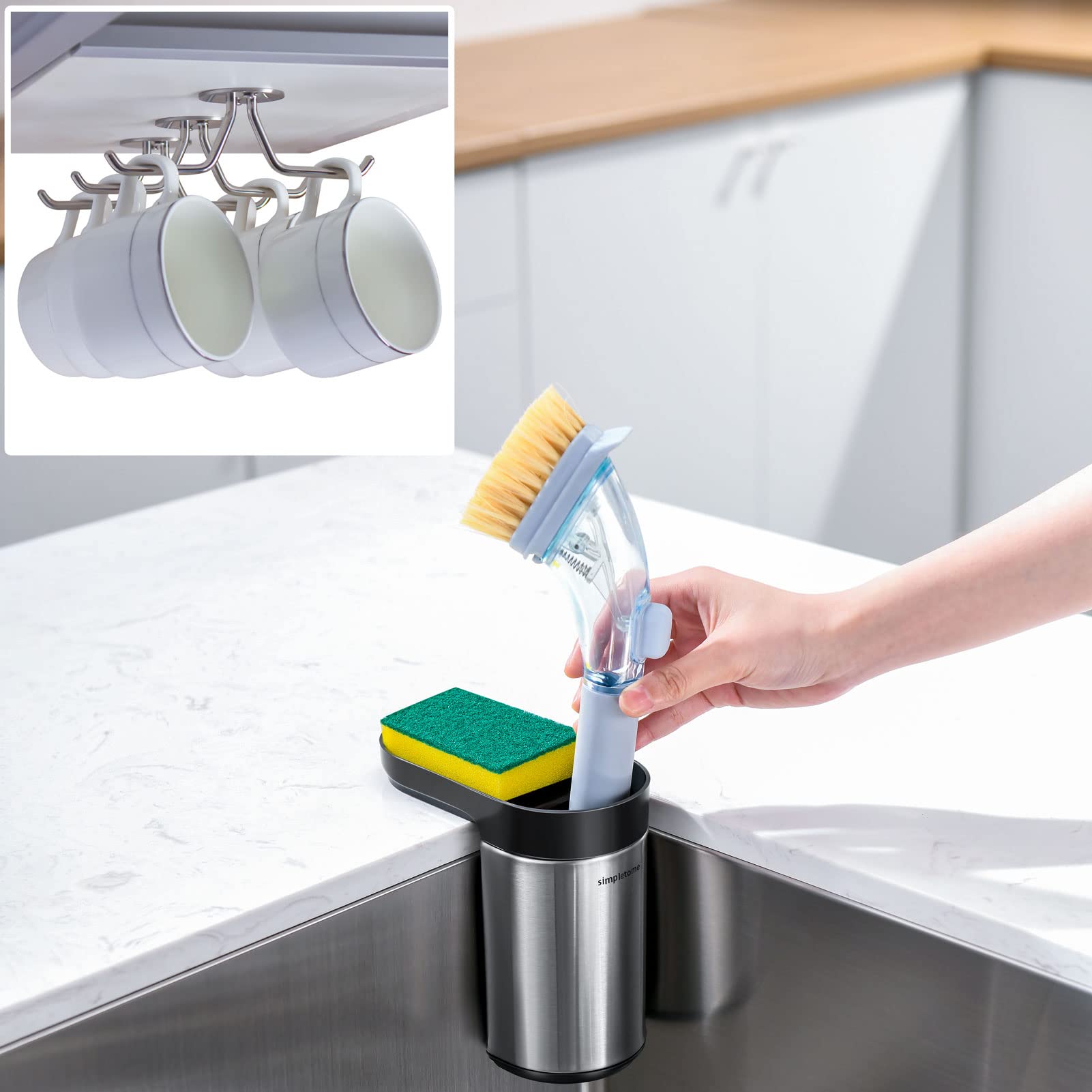 simpletomeMug Hooks Under Cabinet 1PACK + Sink Sponge Holder with Dish Brush Organizer 1PACK
