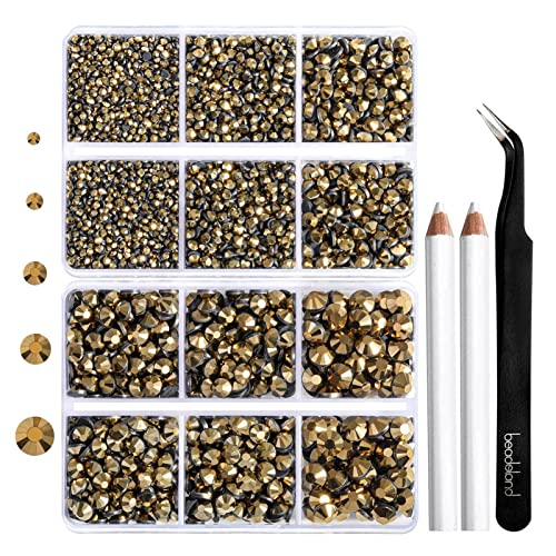 Image of 6736pcs Hotfix Rhinestones Flatback,Gold Rhinestones for Crafts Clothes Mixed 5 Sizes, Hotfix Crystals with Tweezers and Wax Pencil Kit, SS6-SS30,Aurum