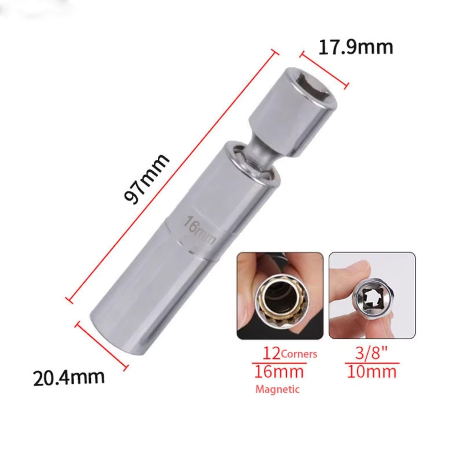 Zündkerzen-Steckschlüsselsatz mit verlängertem Gelenk, Magnetschlüssel, 3/8"-Antrieb, 12-Kant, 14 mm, 16 mm, 2-teilig