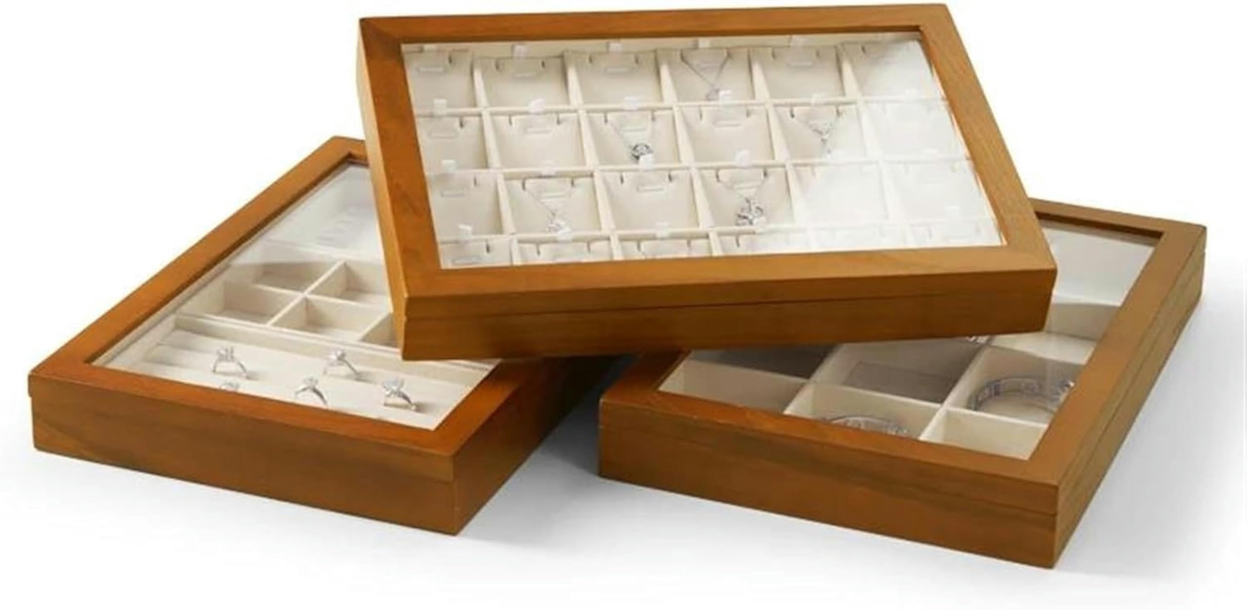 Caja organizadora de Joyas de Madera para Anillos, Cajas Grandes con Tapa Transparente, Almacenamiento apilable de Madera Maciza para Joyas~/ (Gris Oscuro BA)