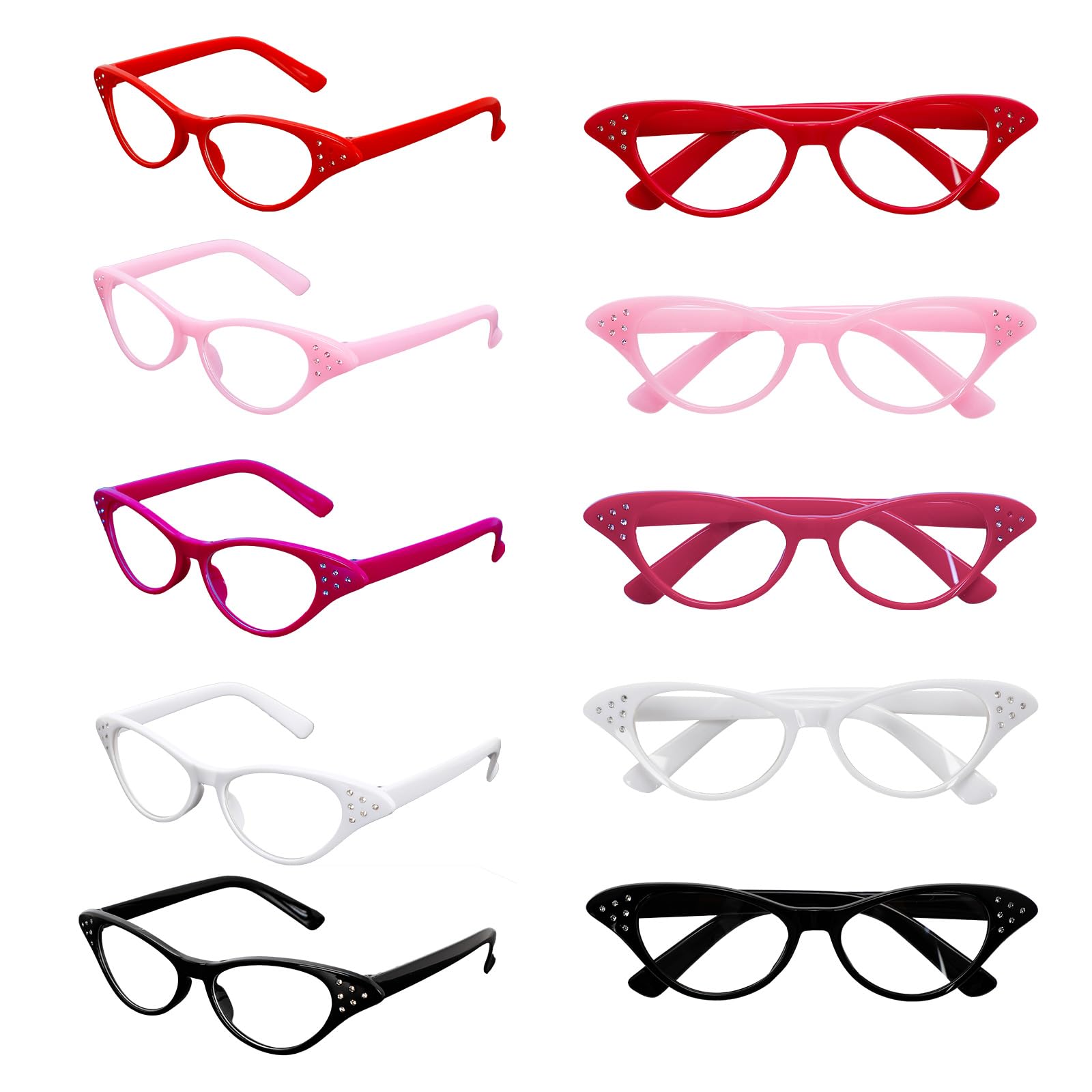 5 Pairs Cat Eye Rhinestone Glasses, Retro Party Costume Glasses for 50's 60's Hip Hop Dress up Halloween Party Favor in Red, Black, White, Pink, Rose Red