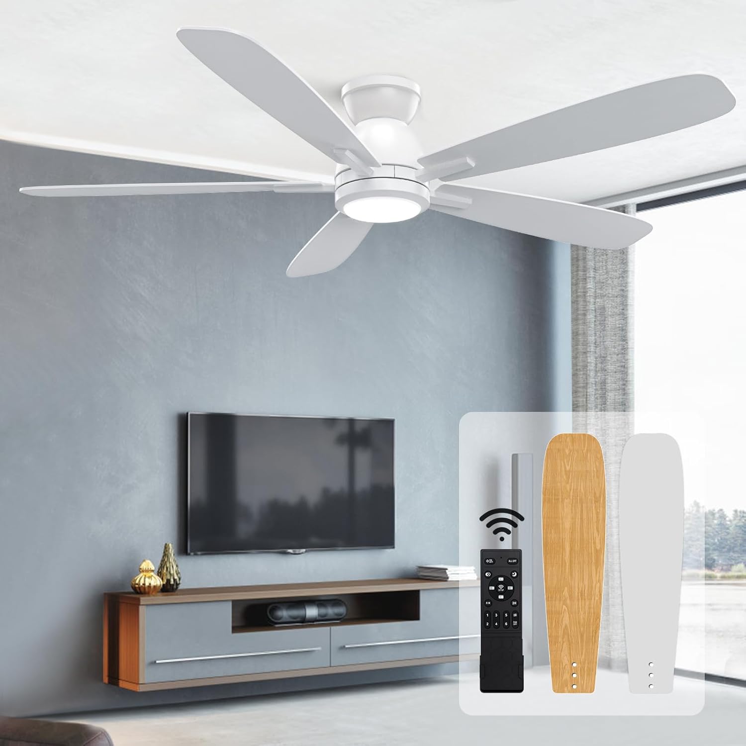 Ceiling Fans with Lights, 52 inch Flush Mount Ceiling Fan with Remote Control, 5 Blades, Reversible, Innovative Stepless dimming and Color Temperature, Ceiling Fan for Living Room, Bedroom White