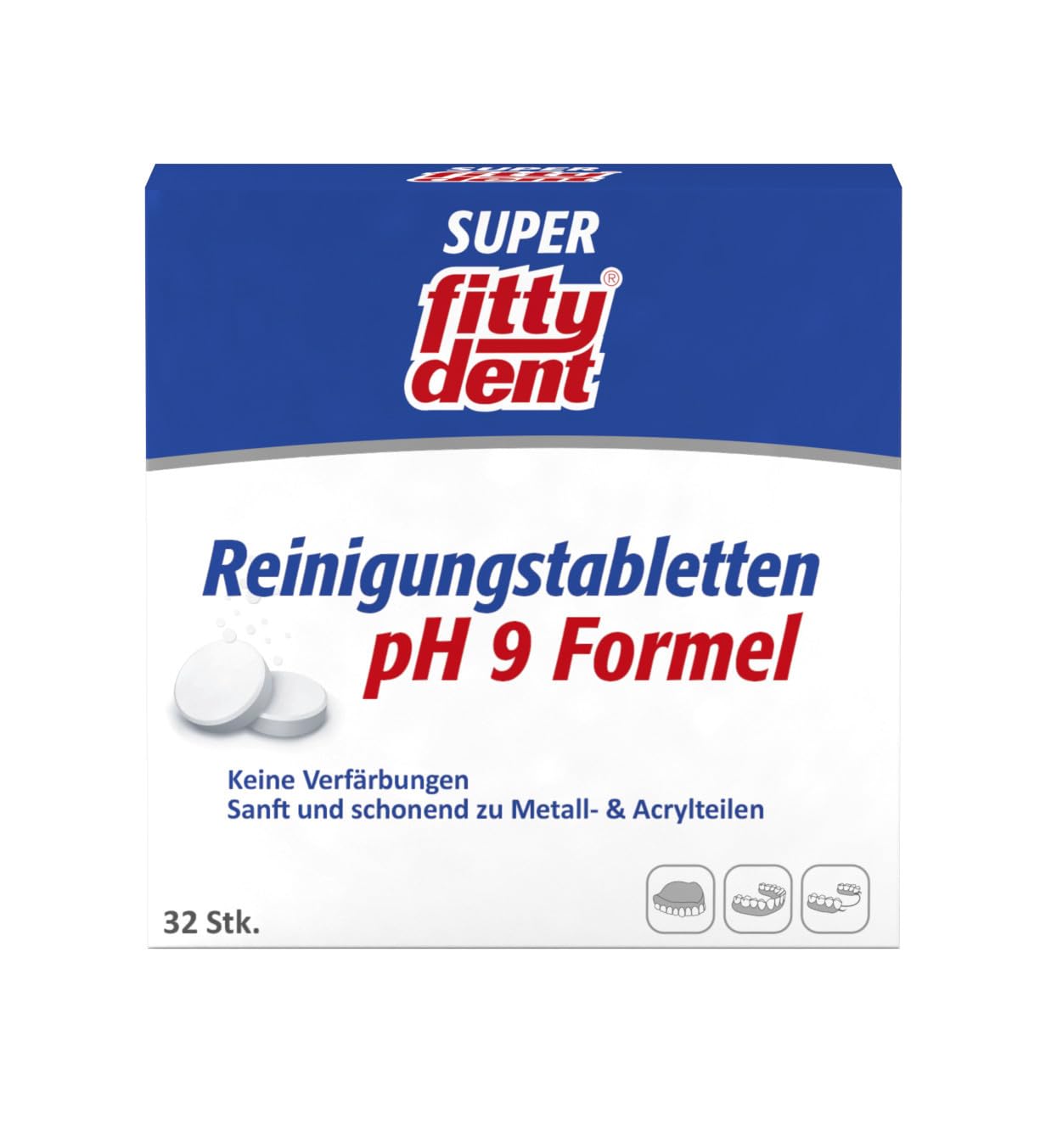 Fittydent Lot de 4 tablettes de nettoyage 32 pièces – Nettoyage et entretien avec formule d'entretien PH9 – Empêche la décoloration