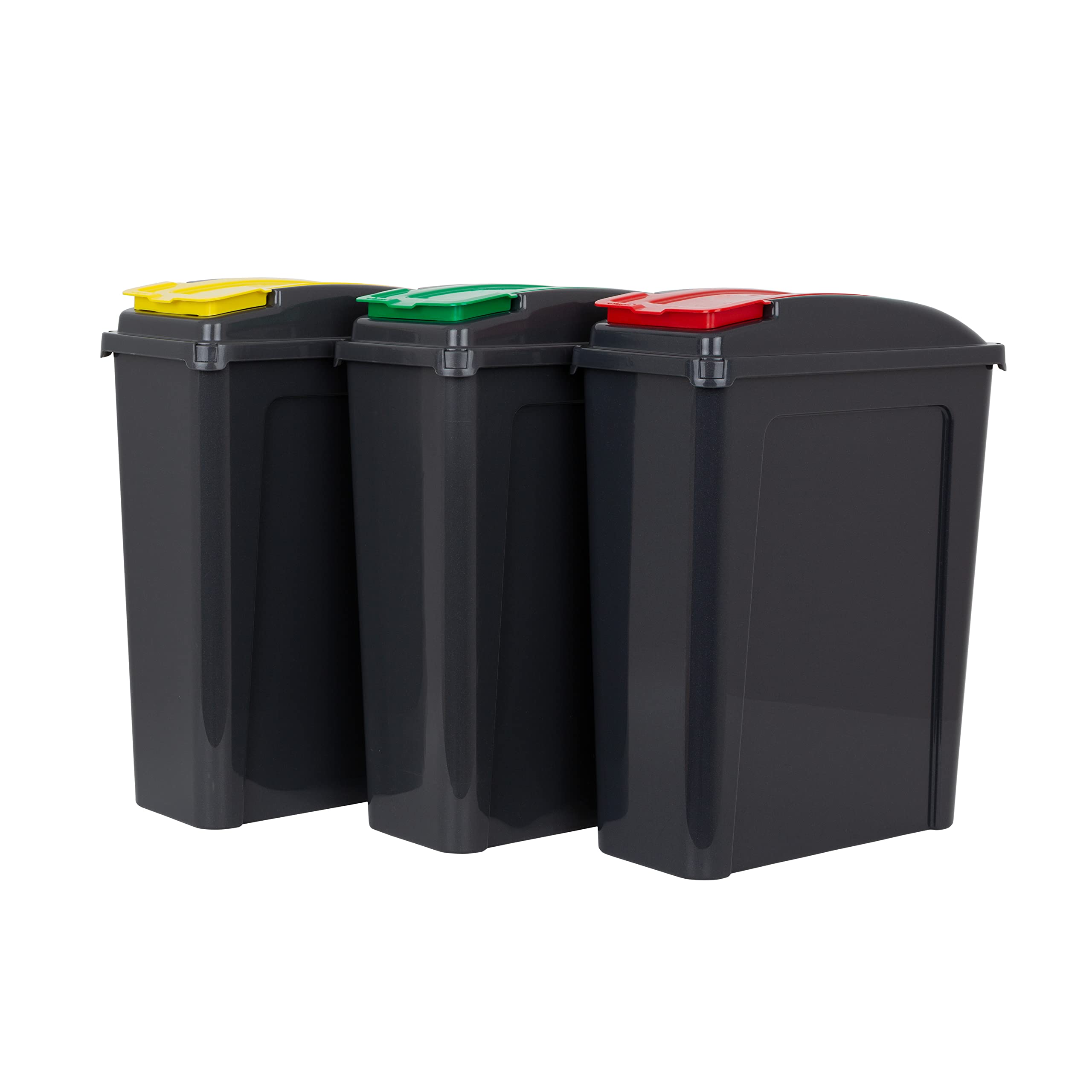 Wham 3 Piece 25L Plastic Recycle Bin Graphite/Assorted (Red/Green/Yellow Lids)