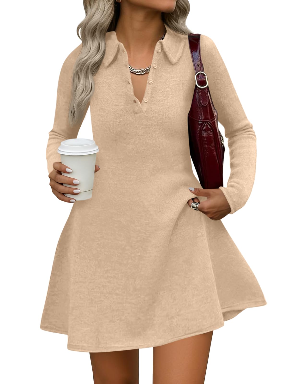 Saodimallsu Womens Sweater Dress 2025 Fall Polo Collared Long Sleeve Button V Neck A line Preppy Knit Dresses