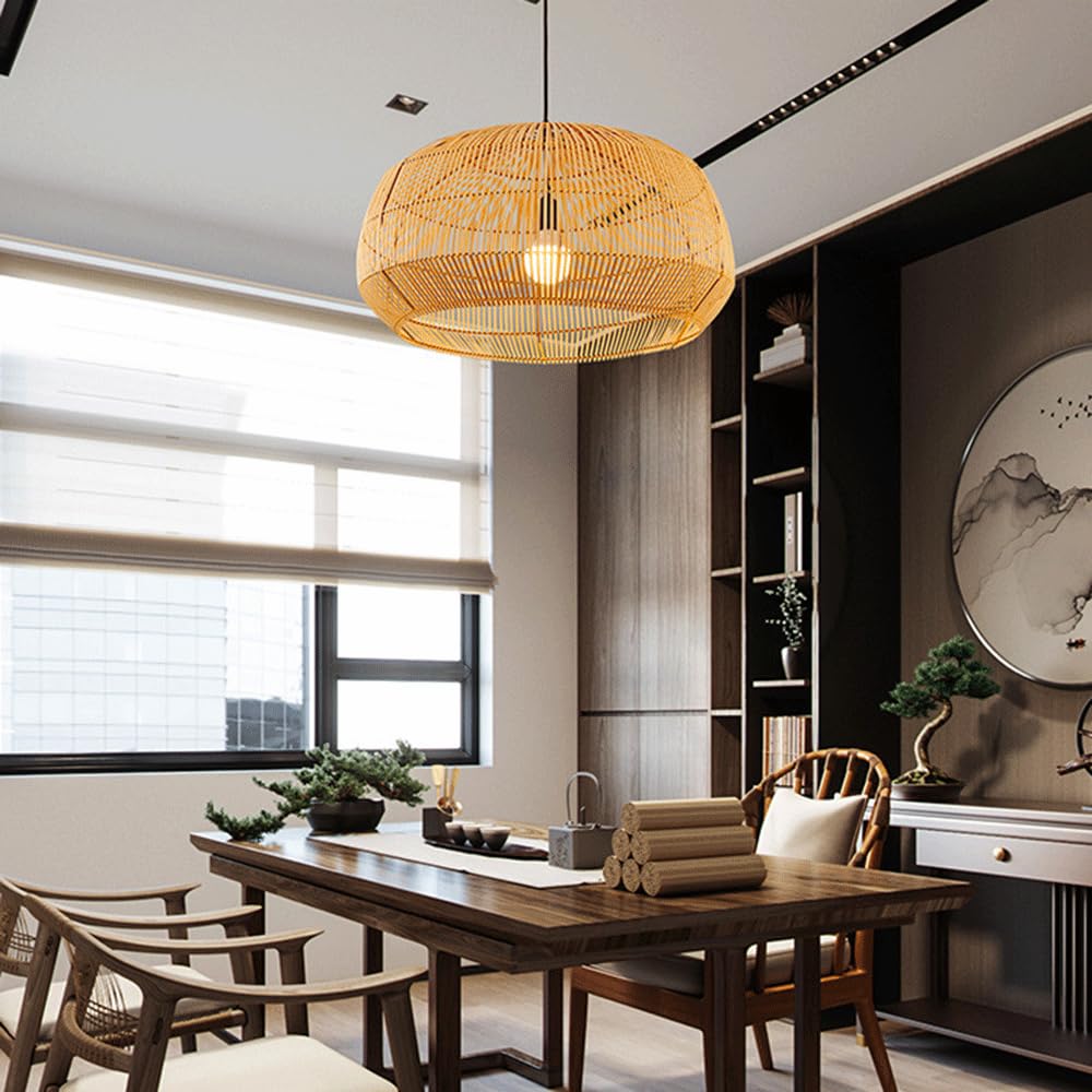 Ręcznie pleciona bambusowa lampa wisząca w stylu vintage, z regulowanym kablem wiszącym, styl boho, naturalna sztuka bambusowa, idealna do sypialni lub salonu. Lampa wisząca E27.