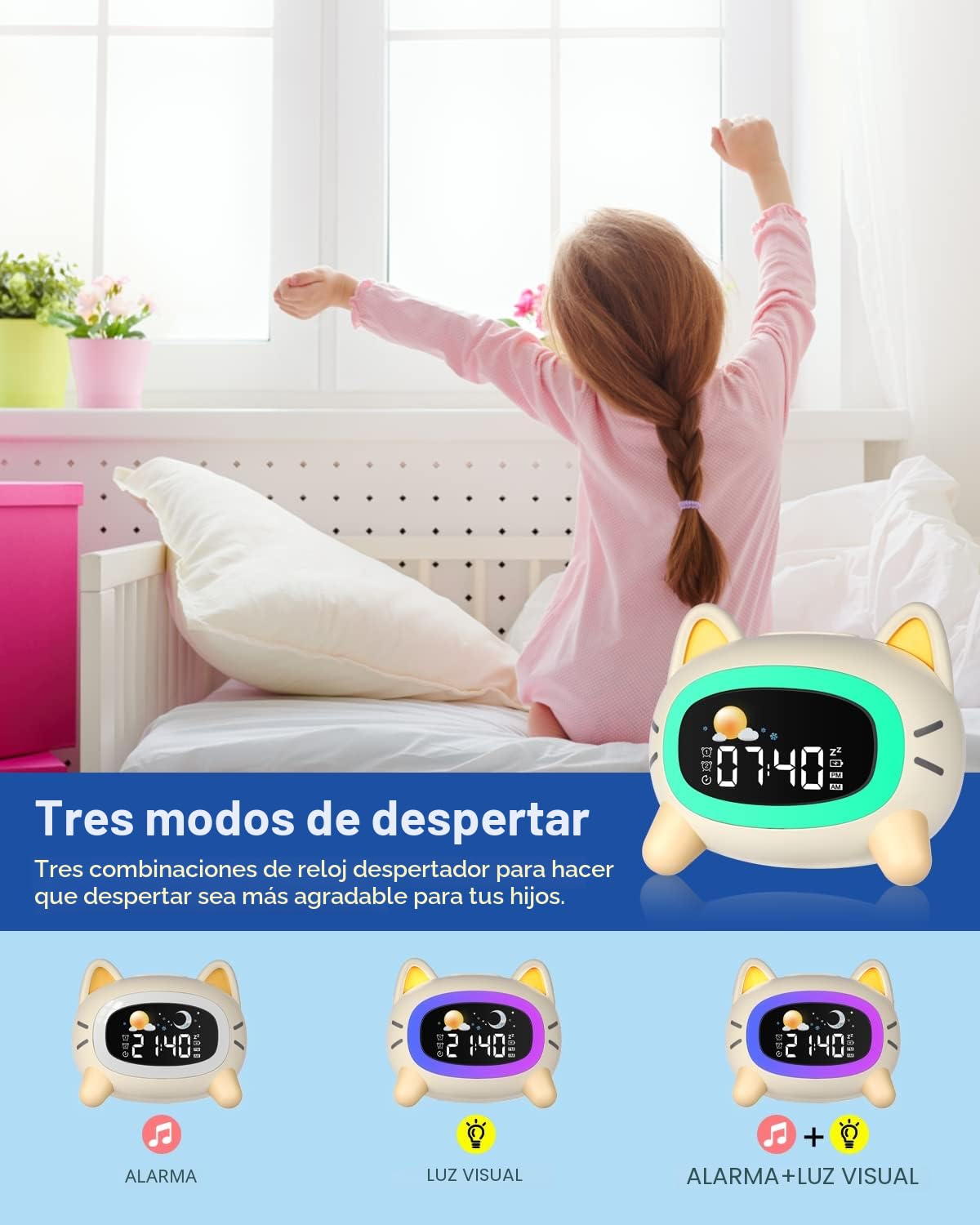 Uplayteck Relojes Despertadores para Niños, Luces-Despertador Infantiles con 5 Luz Nocturna 4 Niveles de Luz Ajustables y 7 Música para Dormir, Recargable Despertador con Función Snooze para Niños