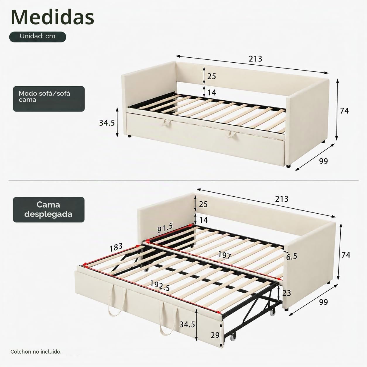 Cama tapizada, sofá cama extensible para 2 personas, cama nido de la misma altura, sofá cama con somieres y respaldo, cama multifunción, tela de terciopelo, sin colchón (beis, 90/180 x 200 cm)
