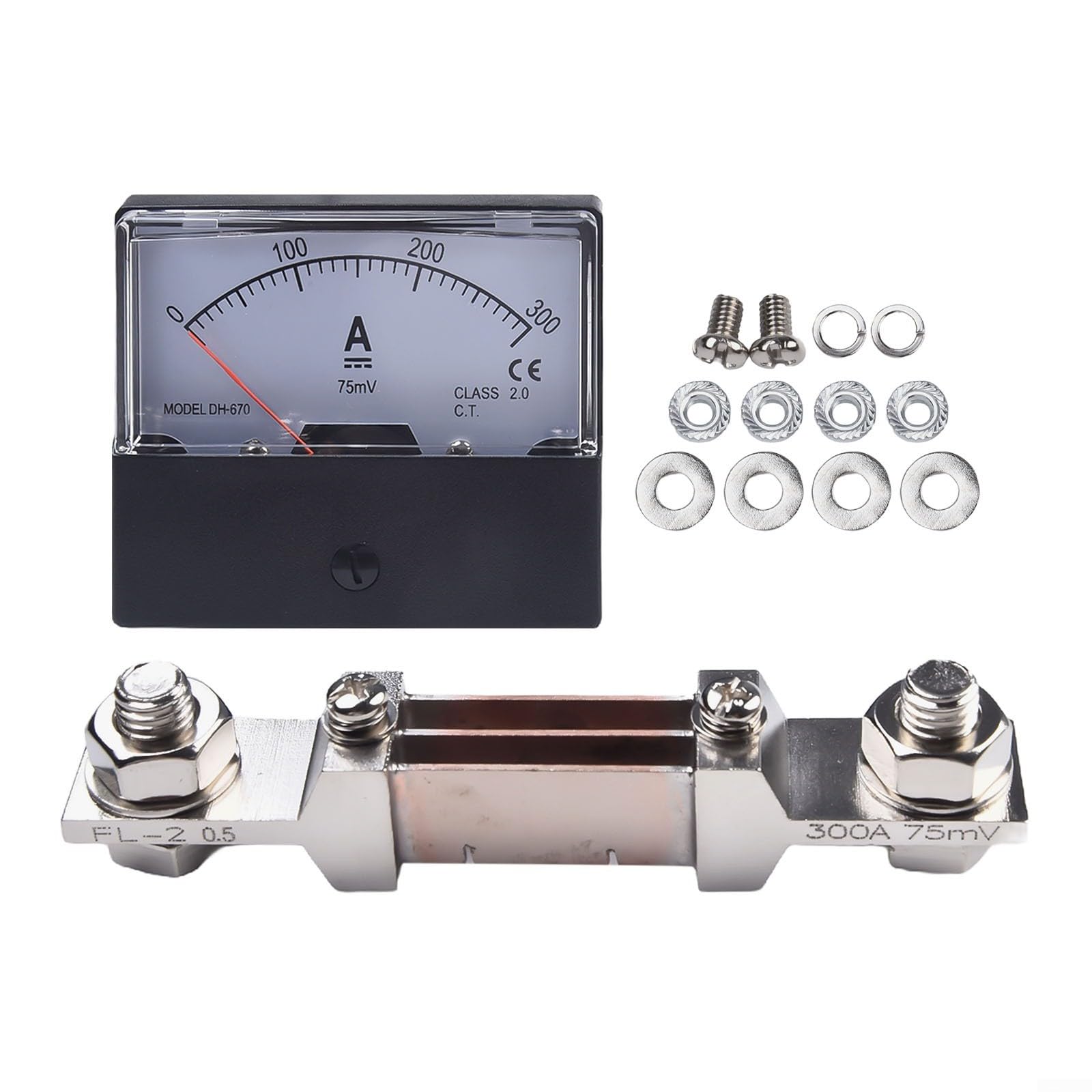 DH-670 Ampèremètre analogique DC 0-200 A/300 A avec shunt, ampèremètre DH-670 CC 0-200 A/300 A/75 mV et ampère de panneau de shunt (300 A)