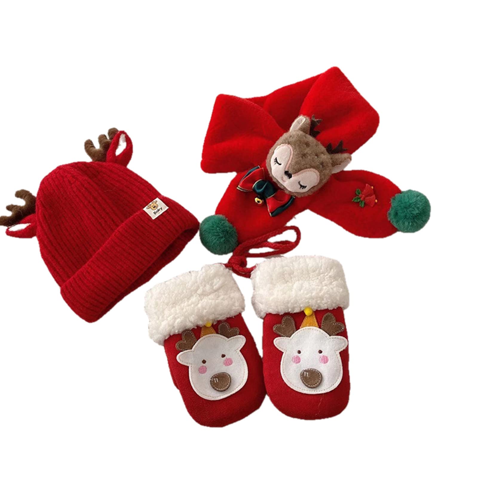 UKKO Beanie Weihnachtskinderhut, Schal, Handschuhe, Dreiteiliges Set, 3-7 Jahre Alt, Winter Warme Kinder A