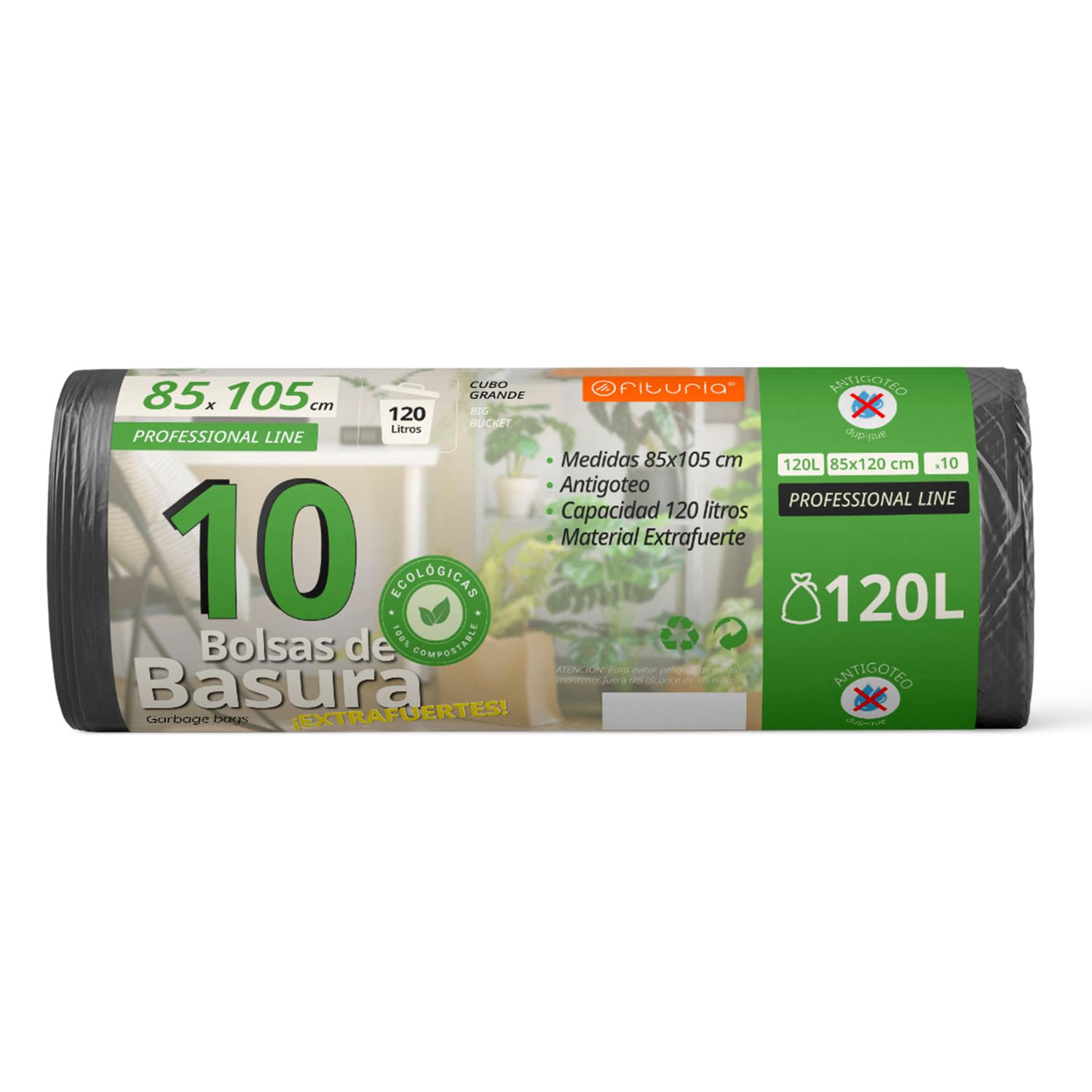 Waste Bags, Trash Bags 120L, Durable, 100% Recycled and Recyclable Material, Leakproof, Plastic Bags, Suitable for All Types of Waste, 85 x 105 cm – Ophituria (10 Bags, 120L)