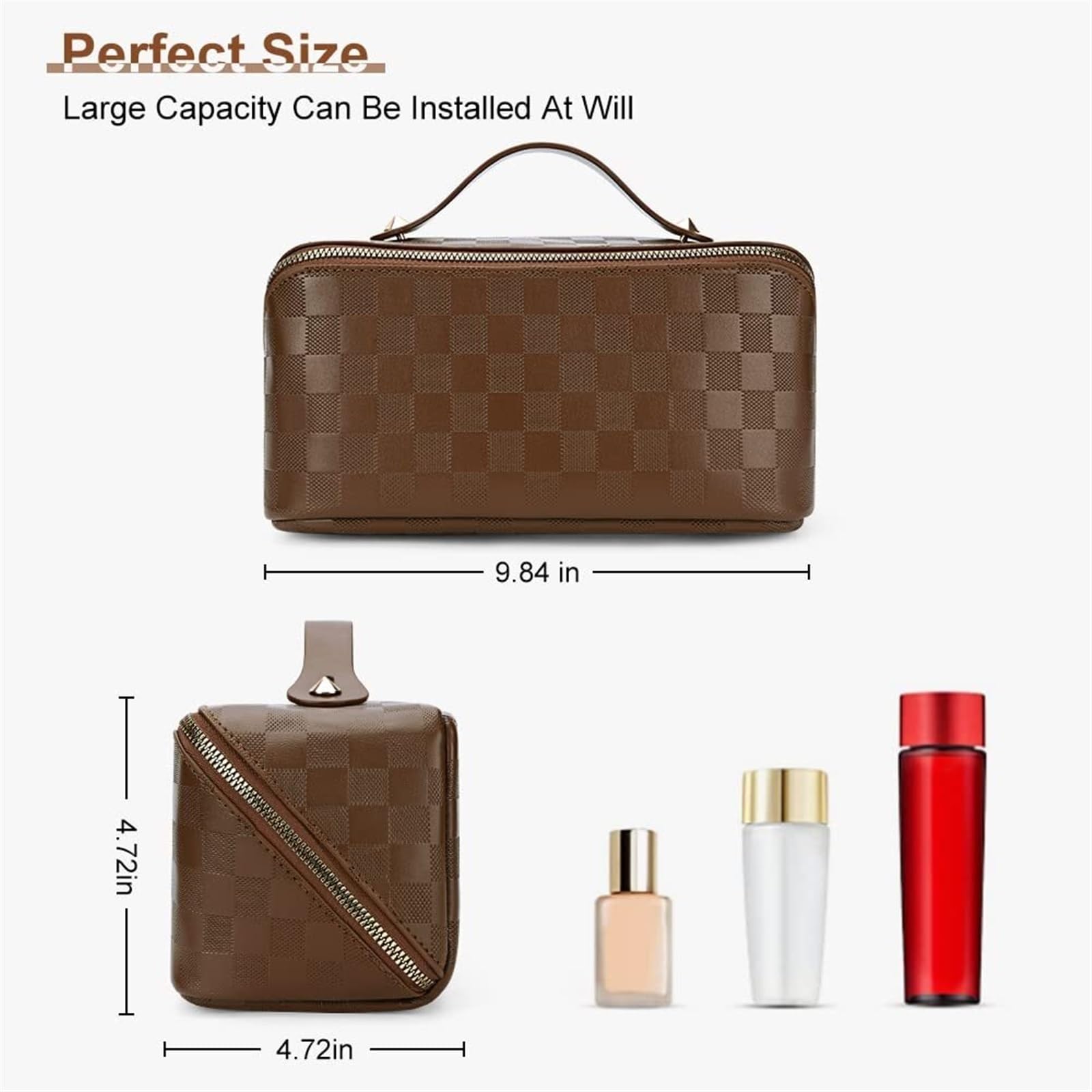 Kosmetiktasche Damen Reise-Kosmetiktasche, Kariertes Karo-Make-up-Tasche, Tragbares Leder Mit Griff Und Fächern Kulturbeutel(A)