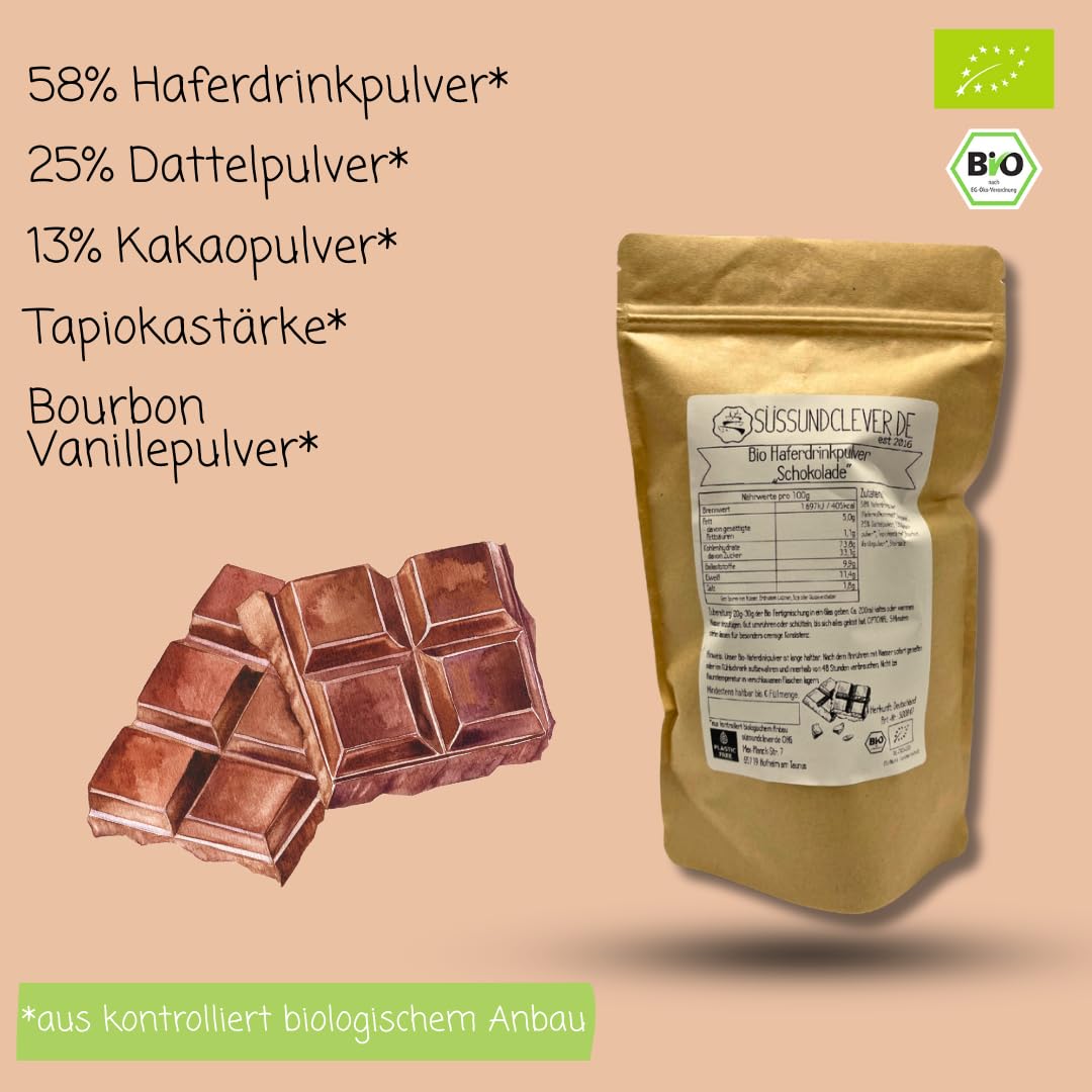 süssundclever.de® Bio Haferdrinkpulver Schokolade | 800g | mit Dattelsüße | vegan | 8l Haferdrink Schokolade | Ohne Zuckerzusatz oder Aromen | Vegane Schokomilch | Hafer-Kakao