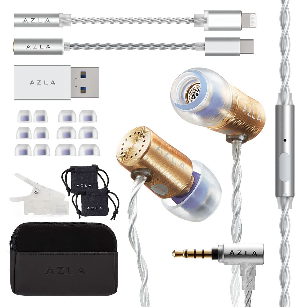 AZLA AZEL Edition G (Gold) Wired in-Ear Earbud Headphones with MIC, 3.5mm Jack, 170cm Strong Cable, Lightning to 3.5mm Jack Adapter, USB-C to 3.5mm Jack Adapter, USB-A to USB-C Converter (Gold)