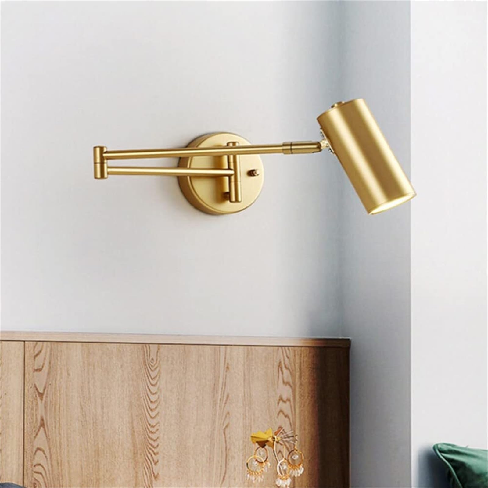 Lampy Ścienna Nowoczesna z Ramieniem LED, Kinkiet Regulowany Oświetlenie Ścienne Czytania Cylindryczne do Sypialni Salon Biuro E26(Gold,3 modes)