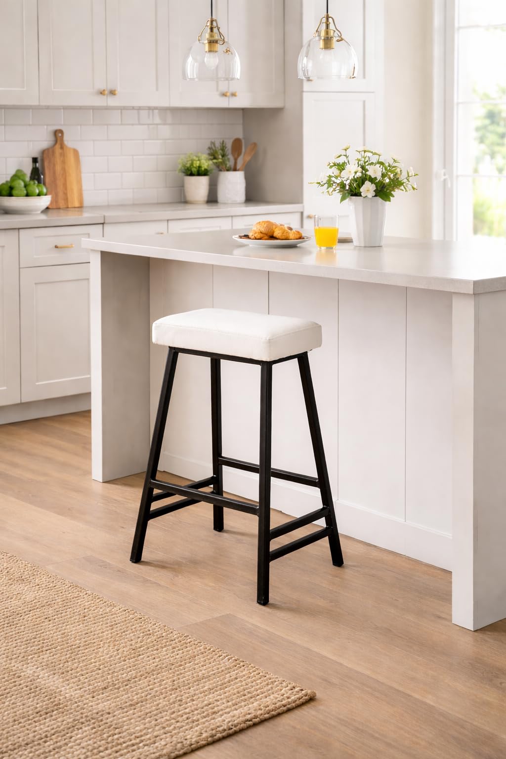 57184 Classic Bar Stool/Breakfast Stool - Slim Frame Saddle Stool with Cushioned Seat Breakfast Chair Suitable for Bars, cafes, Kitchens (Black Frame with White Cushion)-image-14