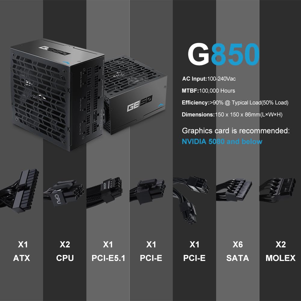 SAMA G850 Alimentatore – 850W Full Modulare,80 PLUS Gold, Compatibile ATX 3.1 & PCIe 5.1, Condensatori Giapponesi, Ventola FDB 150 mm, Supporto GPU RTX Serie 50/40 - Nero