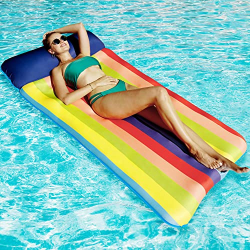 Finduwill Pool Floats Raft- 72" X 37" Extra Large Fabric-Covered Pool Floats For Adults, Inflatable Oversized Pool Raft With Headrest Ultra-Comfort Floating Mat Floaties(Xl, Colorful Stripes) #TOP4