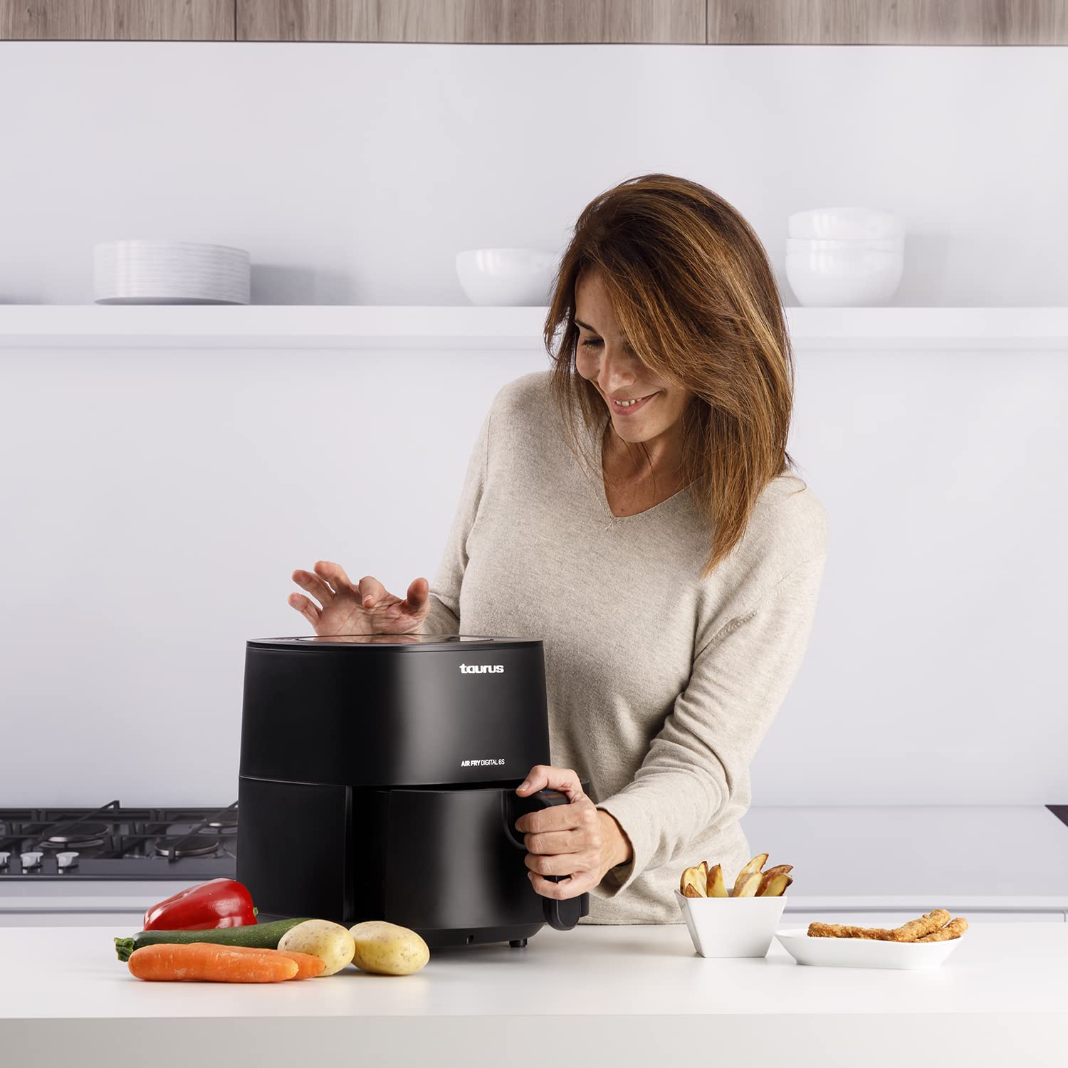Taurus Air Fry Digital 6S - Freidora de aire, 1700W, 5.5L capacidad, 8 programas, hasta 200ºC, temporizador 60 min, digital, 6/7 raciones, piezas desmontables aptas lavavajillas, libre BPA y PFOA