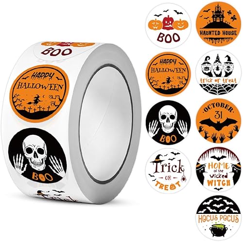 500 calcomanías de Halloween para niños de 1.0 pulgadas, etiquetas redondas de Halloween, calabaza, calavera, murciélago, rollo, calcomanías para