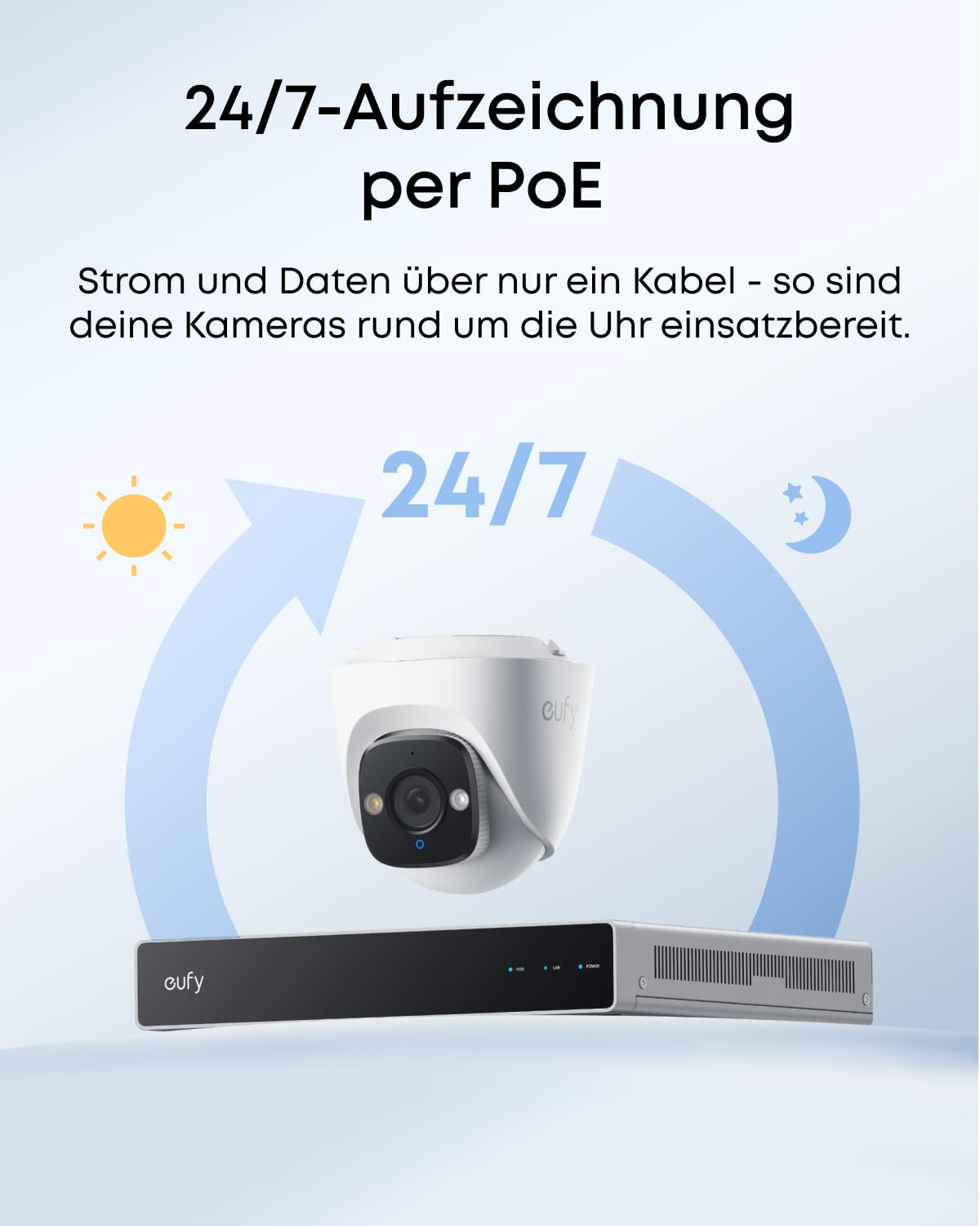 eufy PoE Turret-Überwachungskamera E41, verkabelte Außenkamera, 4K UHD, 122° Weitwinkel, F1.6 Farbnachtsicht, 24/7-Aufzeichnung, KI-Erkennung für Mensch/Fahrzeug/Tiere, rot-blaues Warnlicht, Plug&Play