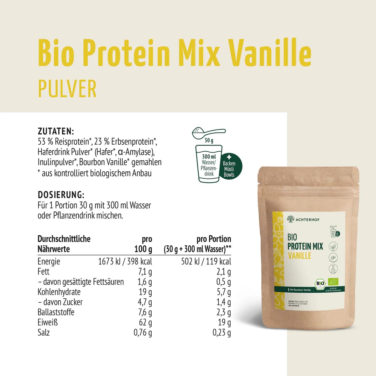 Bio Protein Mix Vanille 500g | Erbsen- und Reisprotein mit echter Bourbon Vanille und Ballaststoffen | 100% natürliche Bio-Proteinmischung | Achterhof