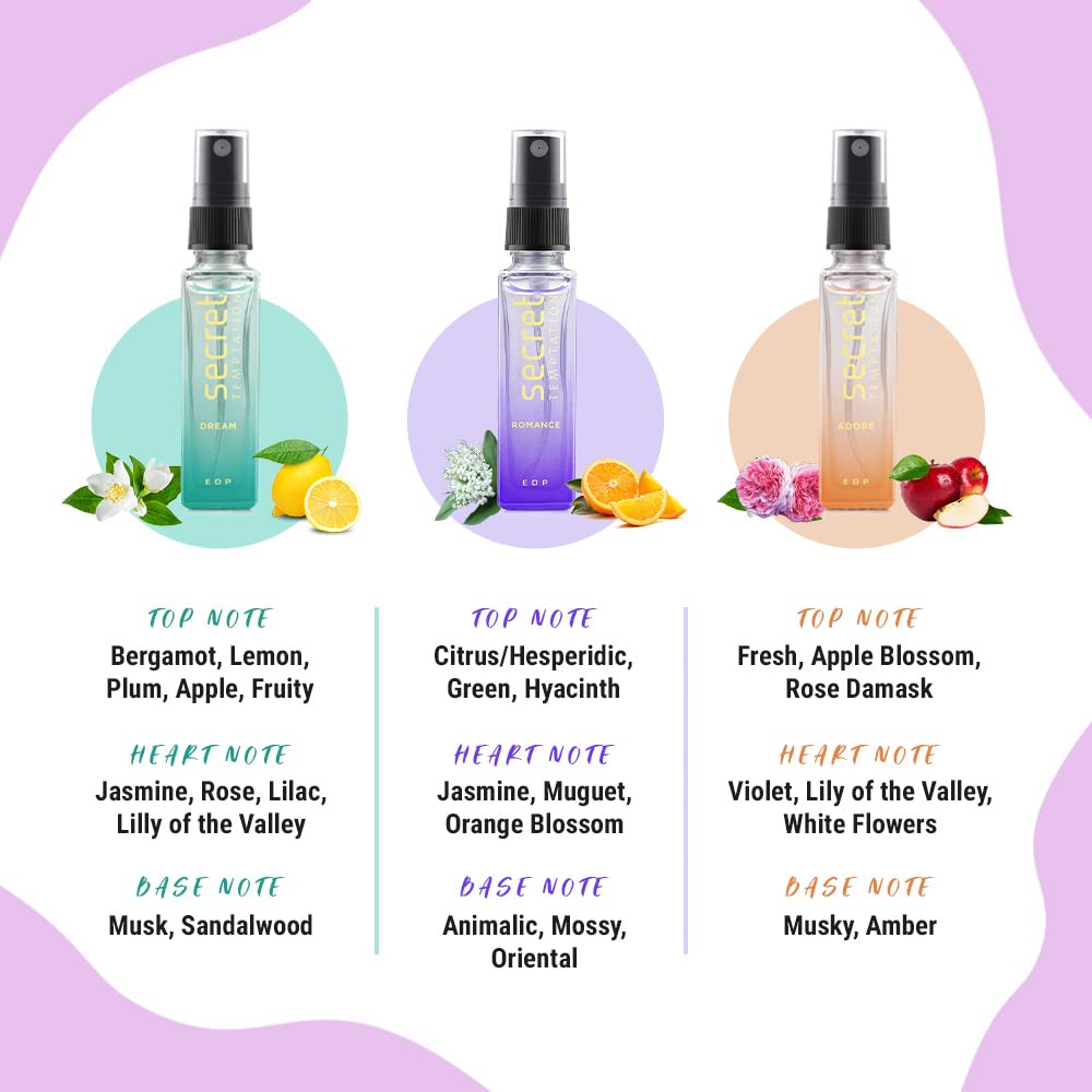 Secret Temptation Perfume Gift Set For Women With Adore, Romance and Dream | Long Lasting Perfume – 8ml each