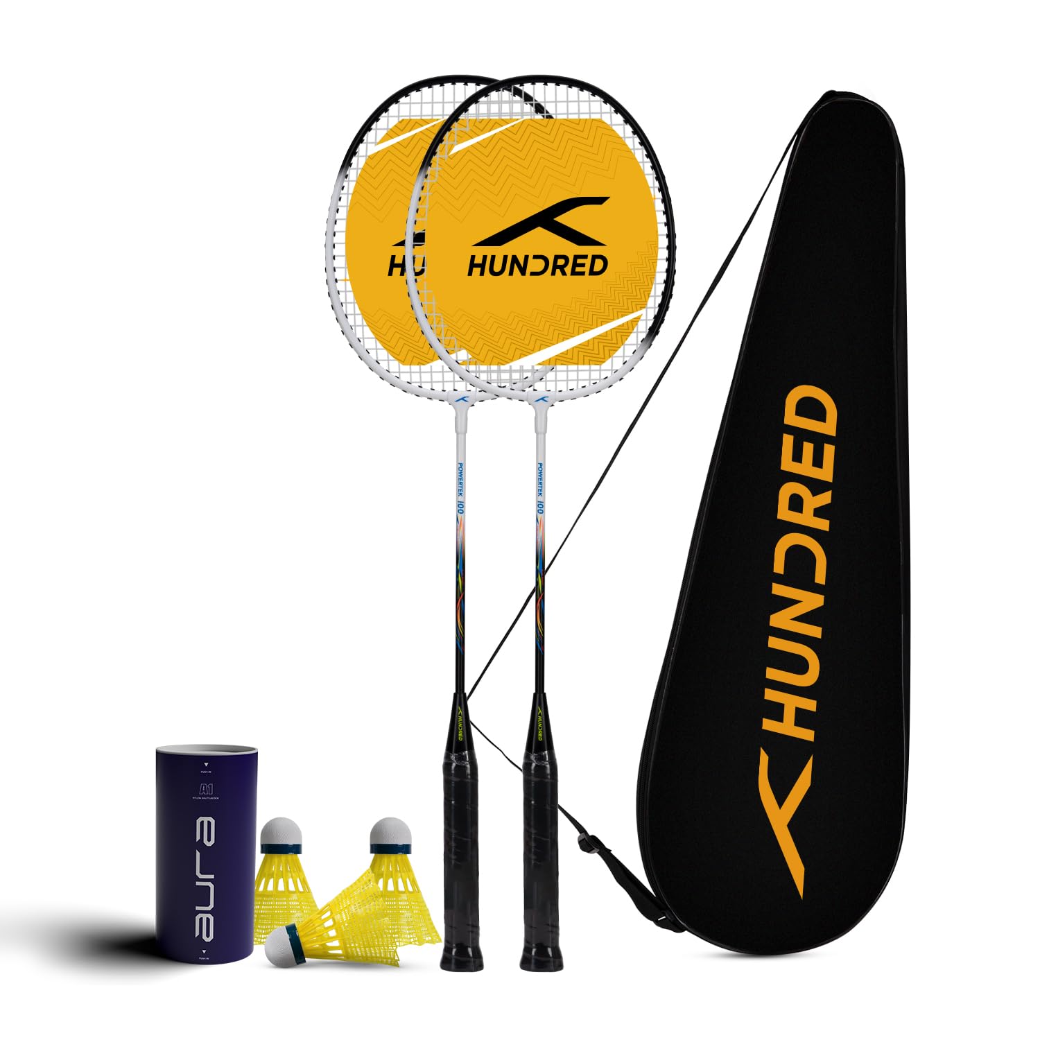Powertek 100 (2 Strung Rackets with 1 Full Cover) with 3 pc Aura Nylon Shuttlecocks